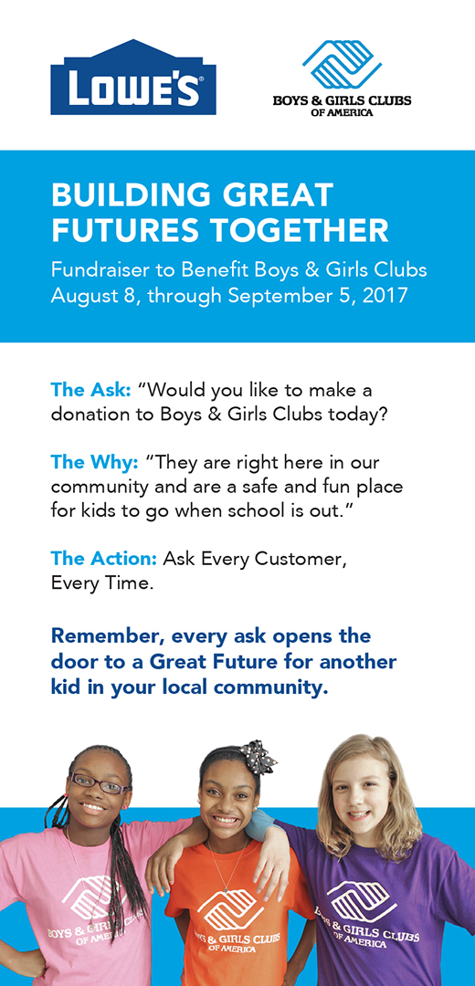During a checkout-counter fundraising campaign at Lowe’s, employees received pocket-size guides with a script for requesting a donation to the Boys & Girls Clubs of America. On the back were facts about the charity and how donations would be spent.