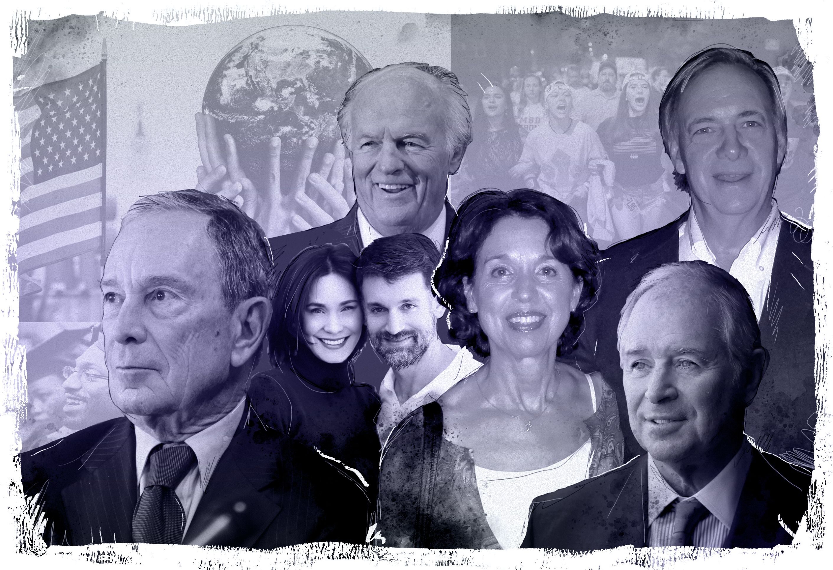 Among 2018’s future-focused philanthropists (clockwise from left): Michael Bloomberg, Laura and John Arnold, Denny Sanford, Barbara and Ray Dalio, and Stephen Schwarzman.