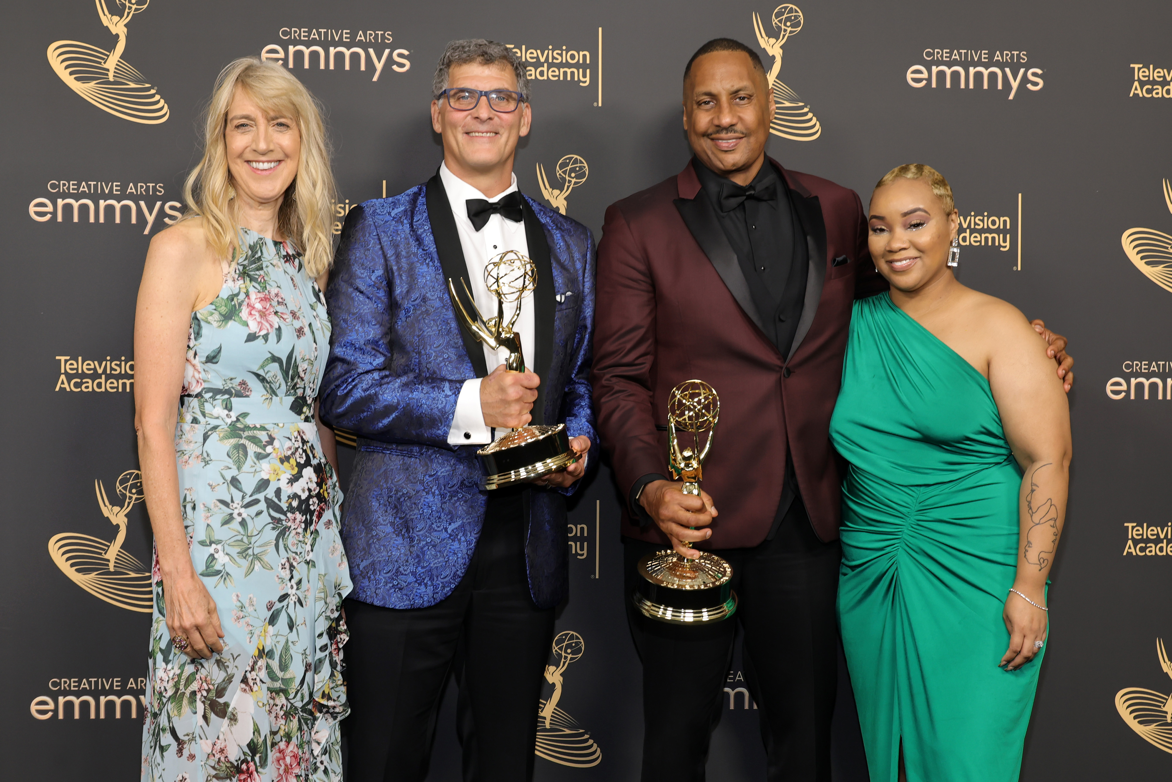 (L-R) Lois Vossen, Brad Lichtenstein, Claudiare Motley, and Santana Coleman, winners of the Exceptional Merit in Documentary Filmmaking award for ‘When Claude Got Shot,’ attend the 2022 Creative Arts Emmys at Microsoft Theater on September 03, 2022 in Los Angeles, California.