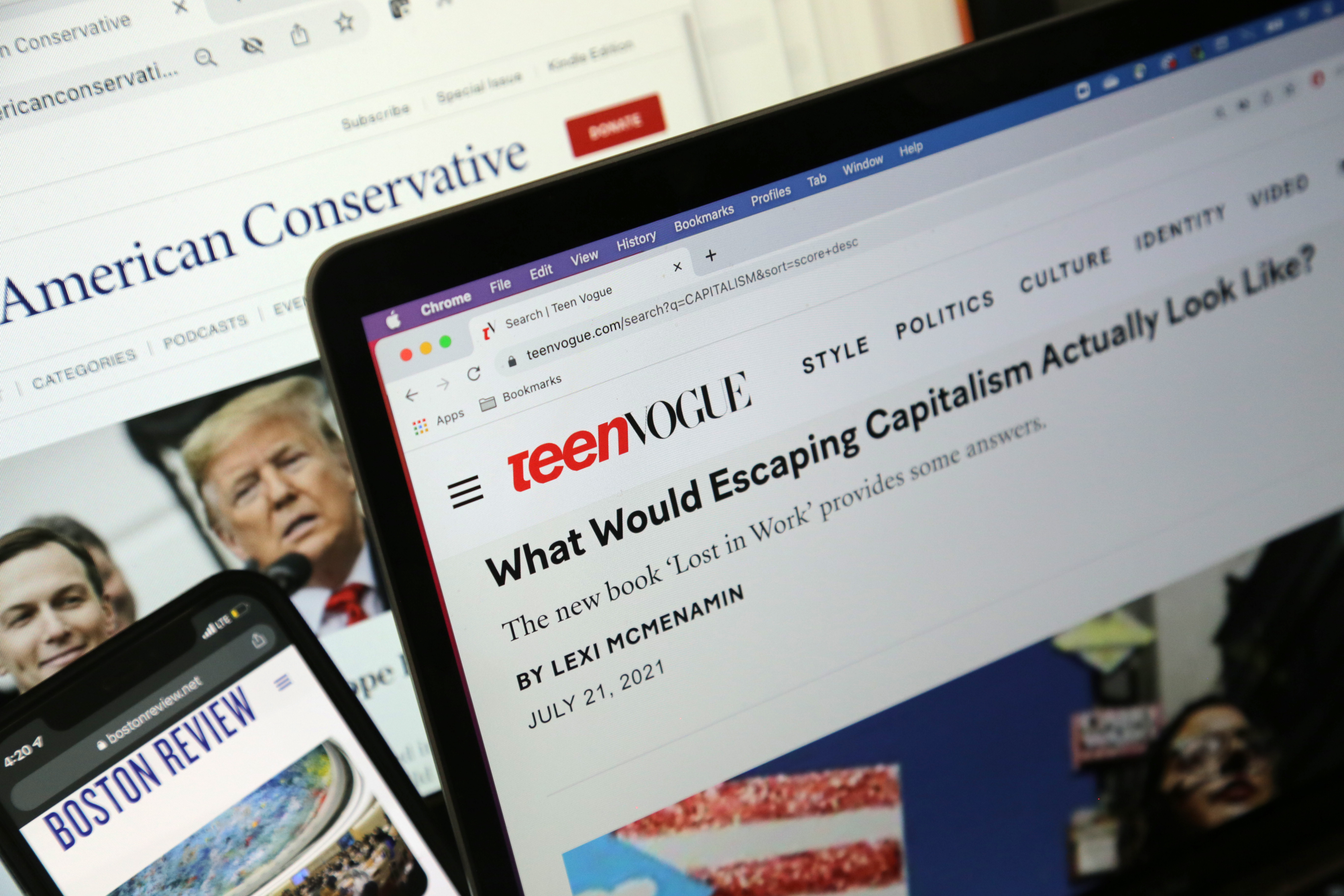 The websites of American Conservative, Boston Review and Teen Vogue are seen June 21, 2022. 