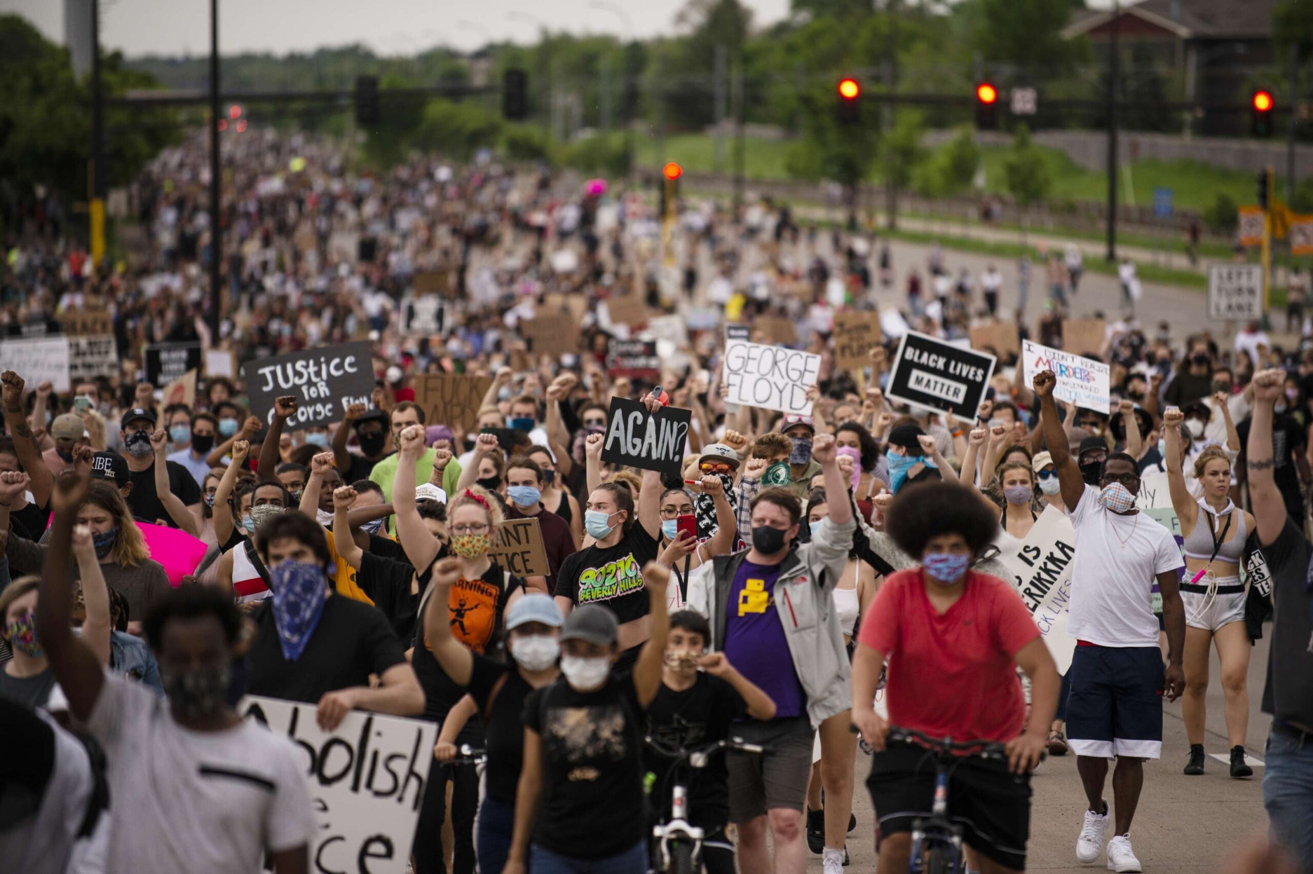 Protesters march on Hiawatha Avenue while decrying the killing of George Floyd on May 26, 2020 in Minneapolis, Minnesota.
