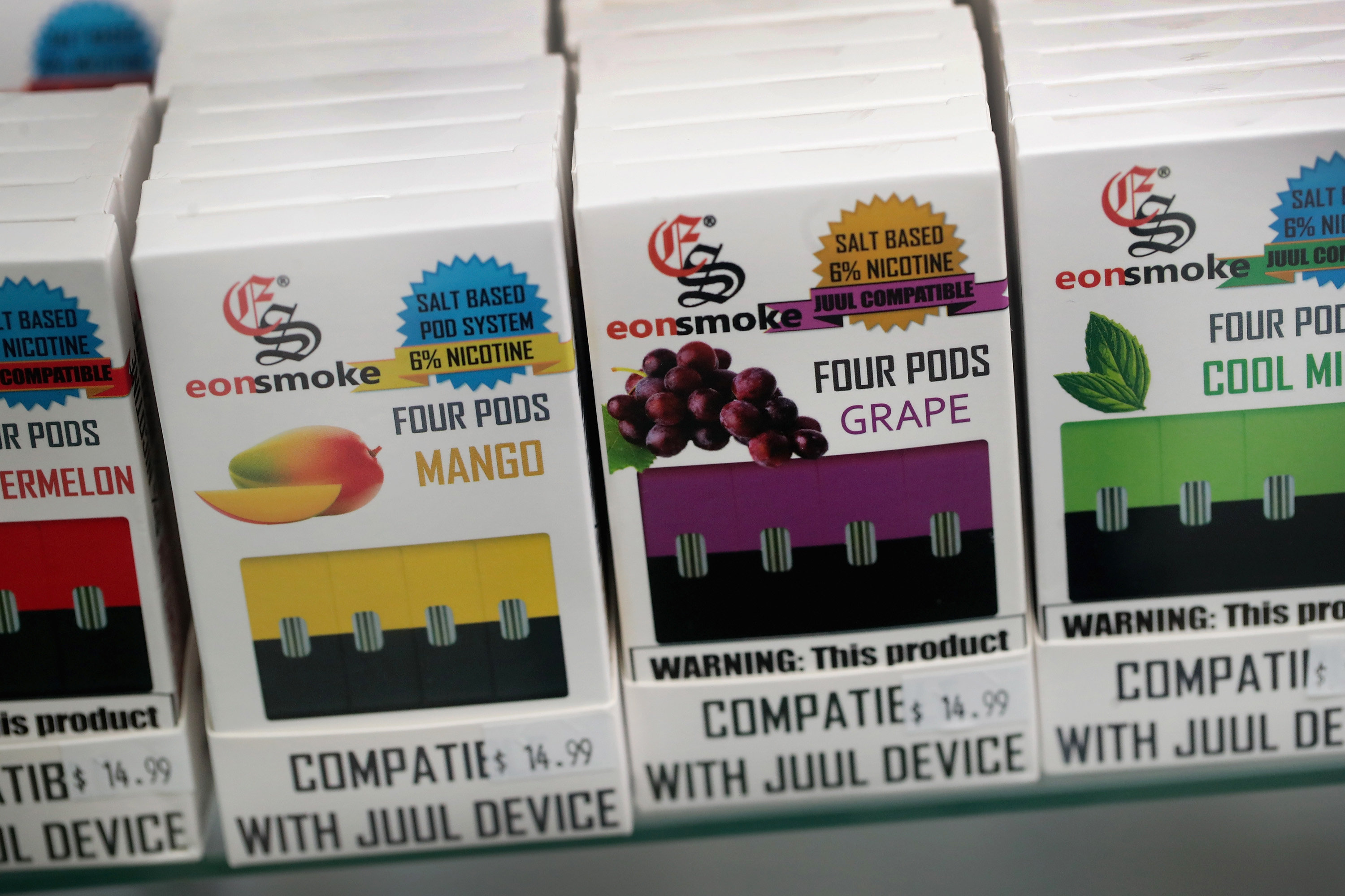 E-Liquids, which are used for vaping in electronic cigarettes, are offered for sale at the Smoke Depot on September 13, 2018 in Chicago, Illinois.