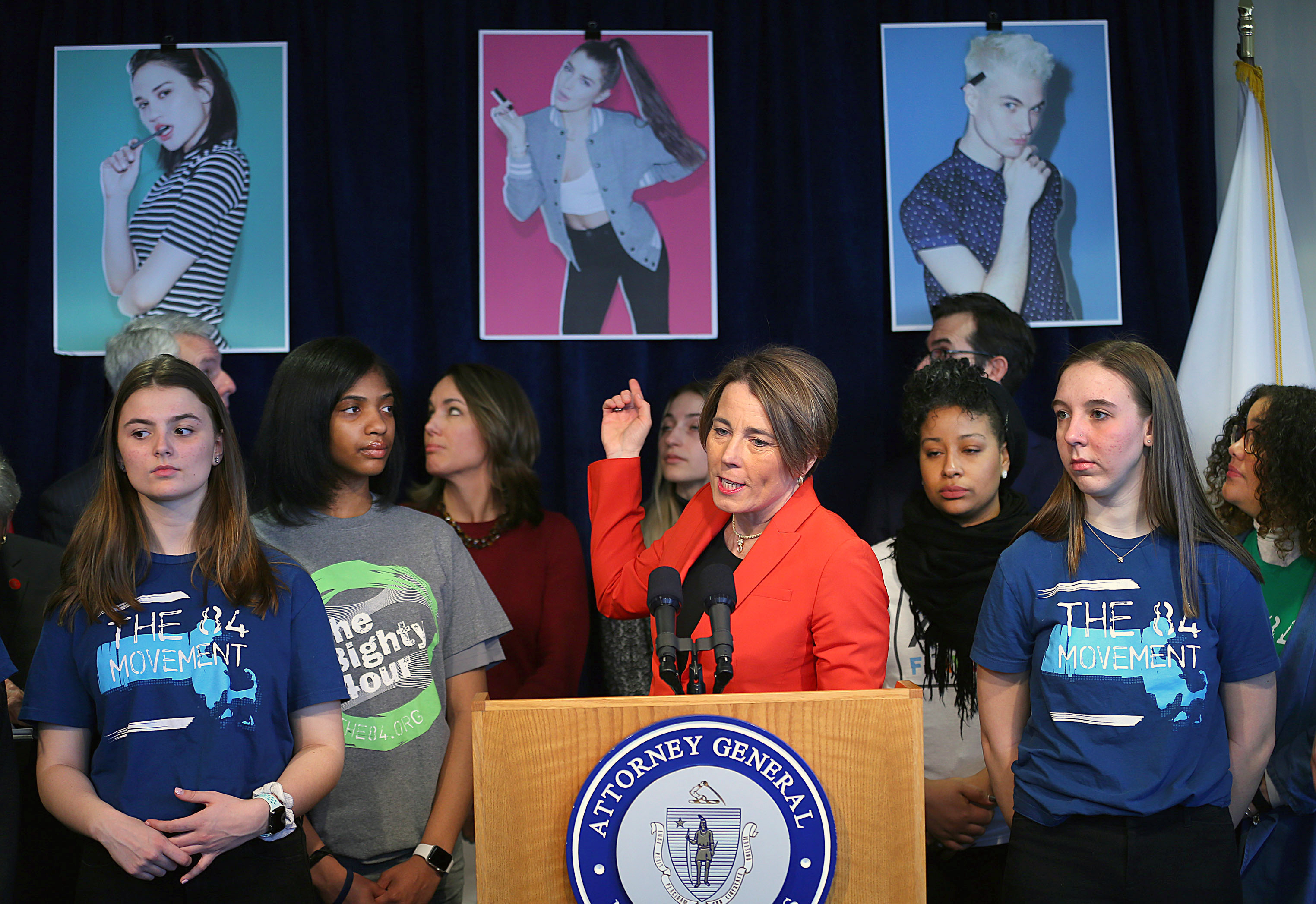 Attorney General Maura Healey holds a news conference to discuss a lawsuit against JUUL electronic cigarettes with student anti-vaping activists on Feb. 12, 2020 in Boston, MA. The popular e-cigarette maker is accused of creating an epidemic through an extensive marketing campaign aimed at hooking minors on its products.