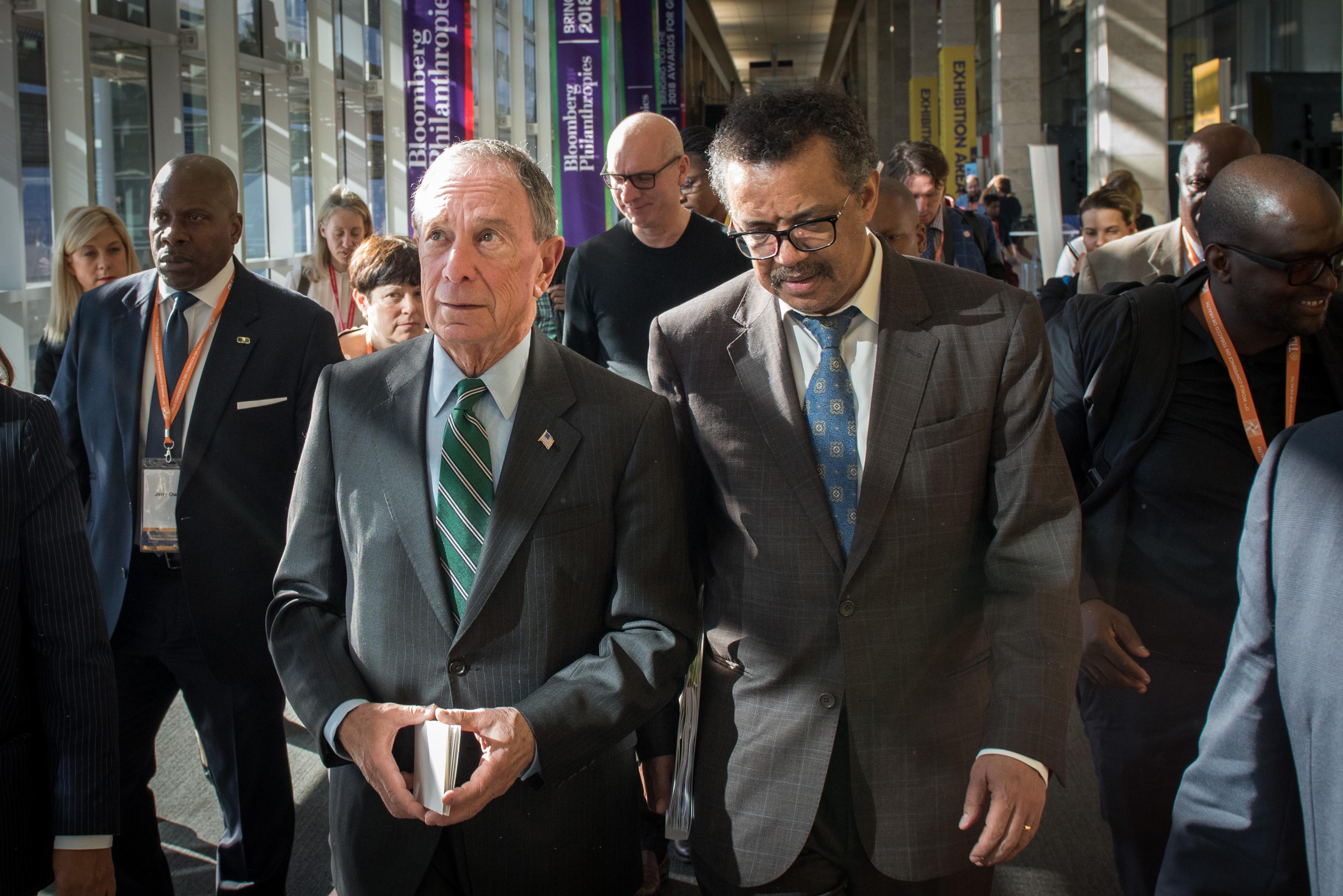 Dr. Tedros Adhanom Ghebreyesus, Director General of the WHO, and Michael Bloomberg, WHO Global Ambassador for Noncommunicable Diseases and the founder of Bloomberg Philanthropies, at the 17th World Conference on Tobacco or Health (WCTOH).