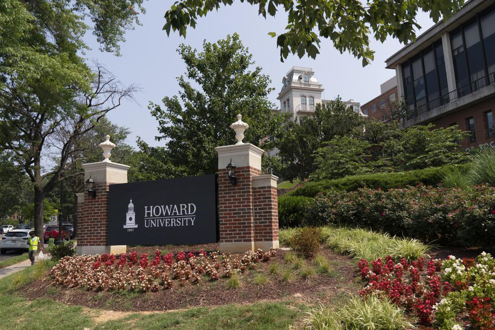 On July 6, 2021, an electronic signboard welcomes people to the Howard University campus in Washington.