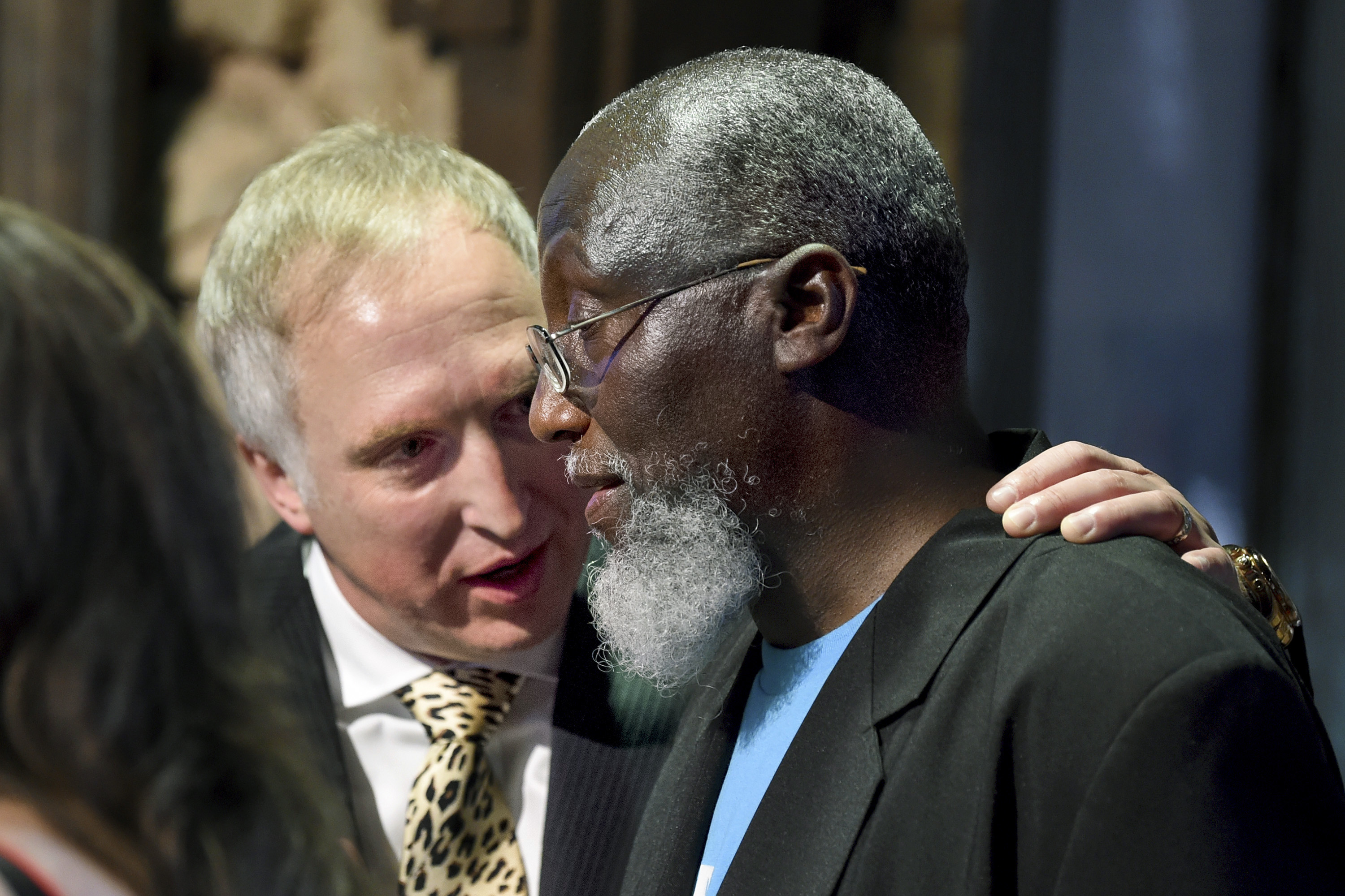Samuel Barlow (right), the last death row inmate at Eastern State Penitentiary, talks with State Correctional Institution Coal Township Superintendent Tom McGinley (left) during a reception as he returns to his old prison for the first time to receive an “Inmate of the Year” award from the Prison Society June 5, 2019. He was given a commutation of his sentence a few weeks ago after half a century in prison. McGinley was also honored as “Correctional Professional of the Year,” and was a supporter of Barlow’s commutation .