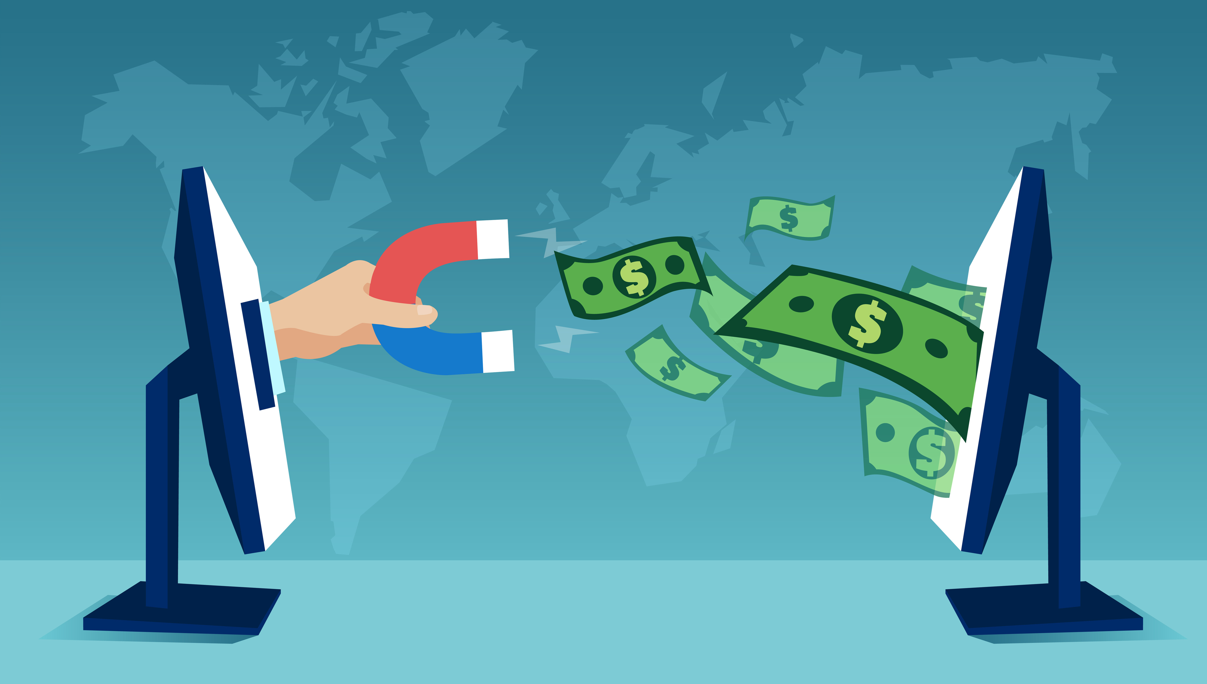 Vector of a hand with magnet coming out of desktop attracting money dollar banknotes from another computer