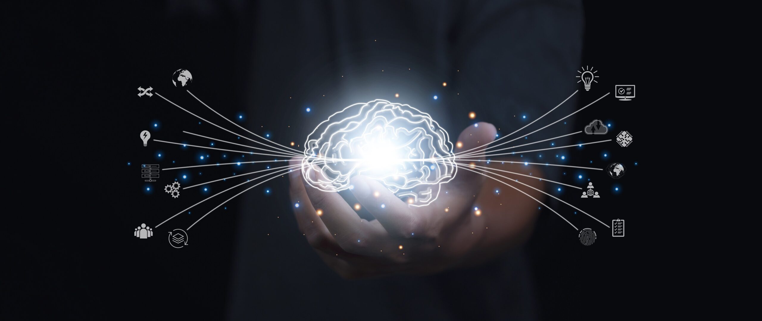 Brainstorming creative idea and innovation. Businessman holding brain with shining fibers in a shape of Idea, Brainstorm, Innovation and digital transformation change management, internet of things.