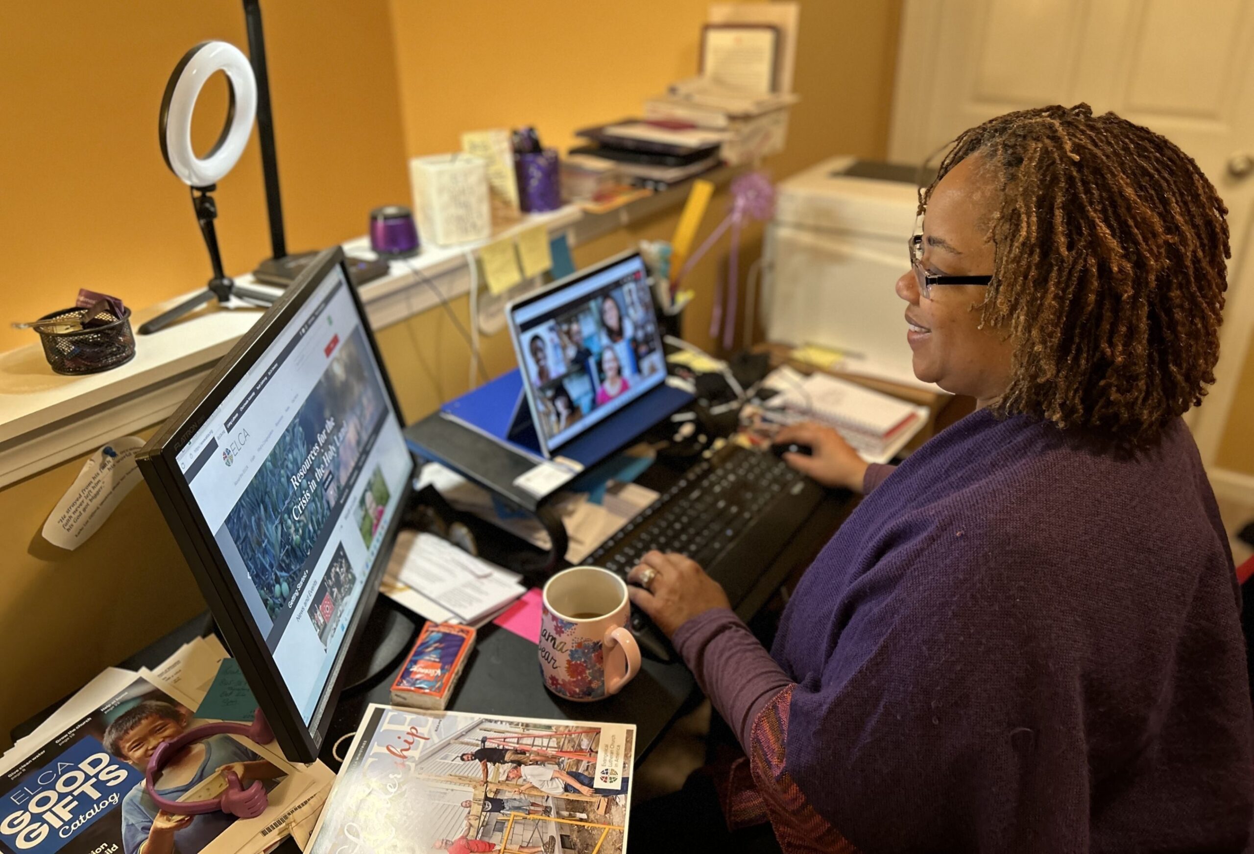 Rhonda Clay, director of major gifts at the Evangelical Lutheran Church in America, is one of a growing number of fundraisers who work from home.