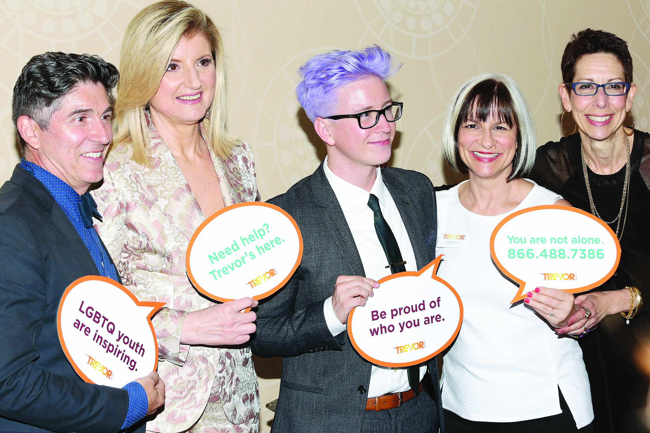 ONLINE STARDOM: James Lecesne, Arianna Huffington, Tyler Oakley, Peggy Rajski, and Abbe Land attend a Trevor Project event in New York. One of Mr. Oakley’s video campaigns raised $500,000 for suicide prevention.