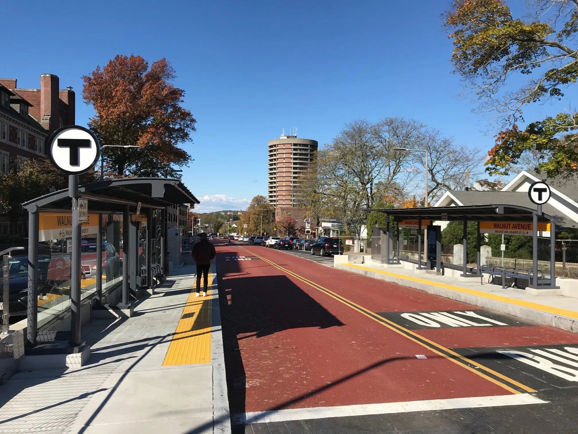 The Walnut Avenue stop on Boston’s Columbus Avenue center-running bus lanes, which opened in 2021 with upgraded platforms along the route.