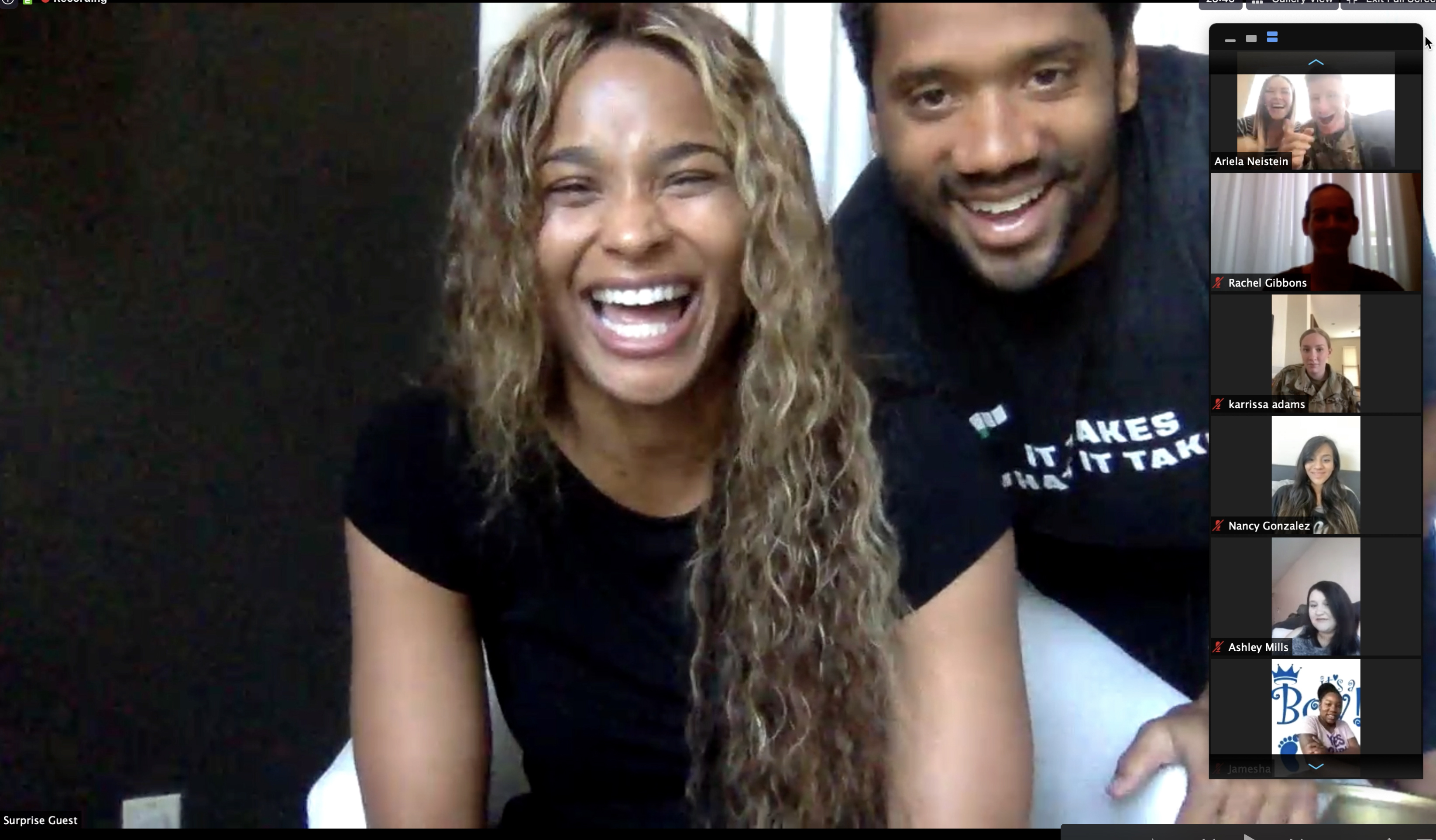 Ciara and husband Russell Wilson join a virtual baby shower for expecting military moms stationed at Fort Hood Army Base in Texas. Ciara is pregnant with her third child. (USO)