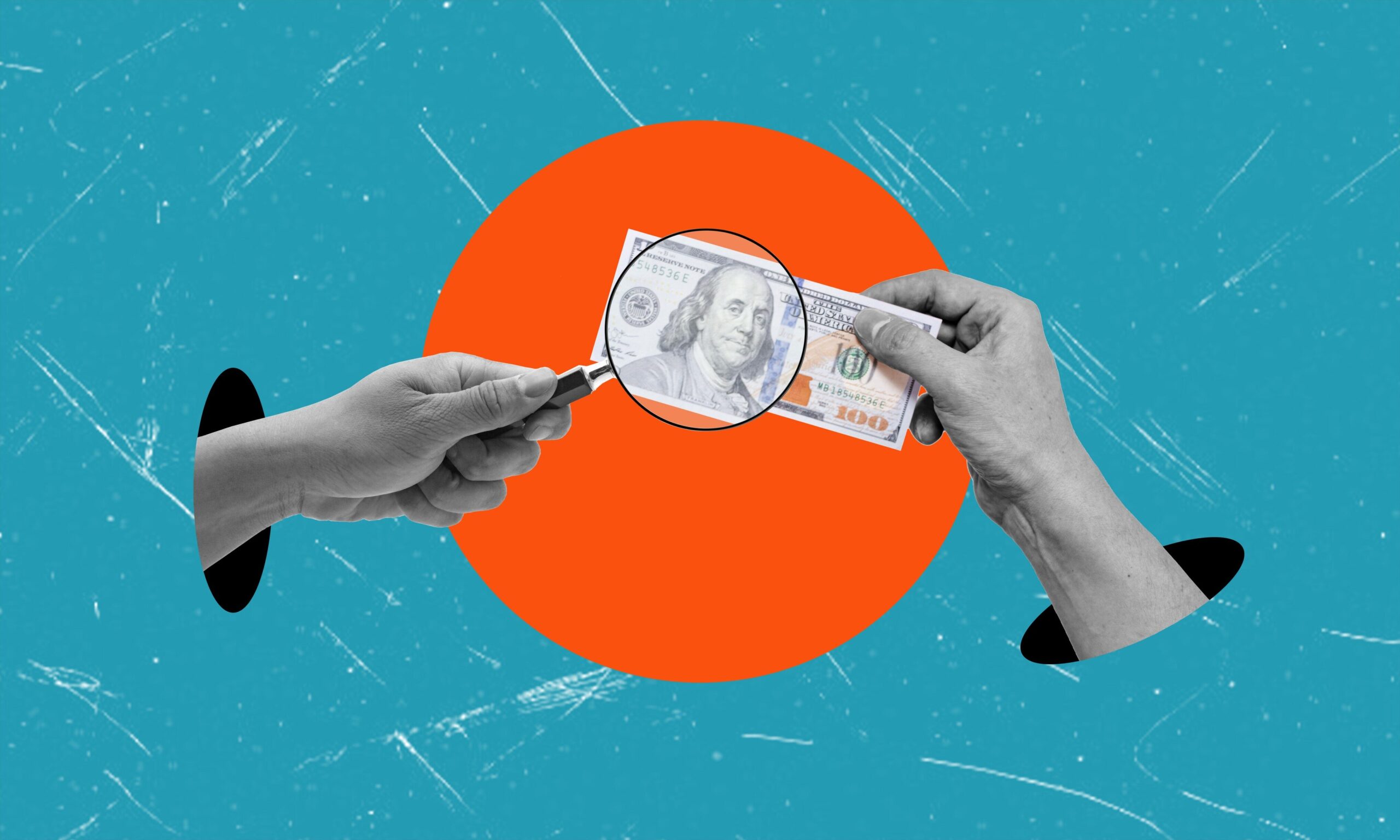 A fashionable, modern art collage featuring a female hand holding a one hundred dollar bill enlarged with a magnifying glass. Contemporary design. Authenticity verification of money.