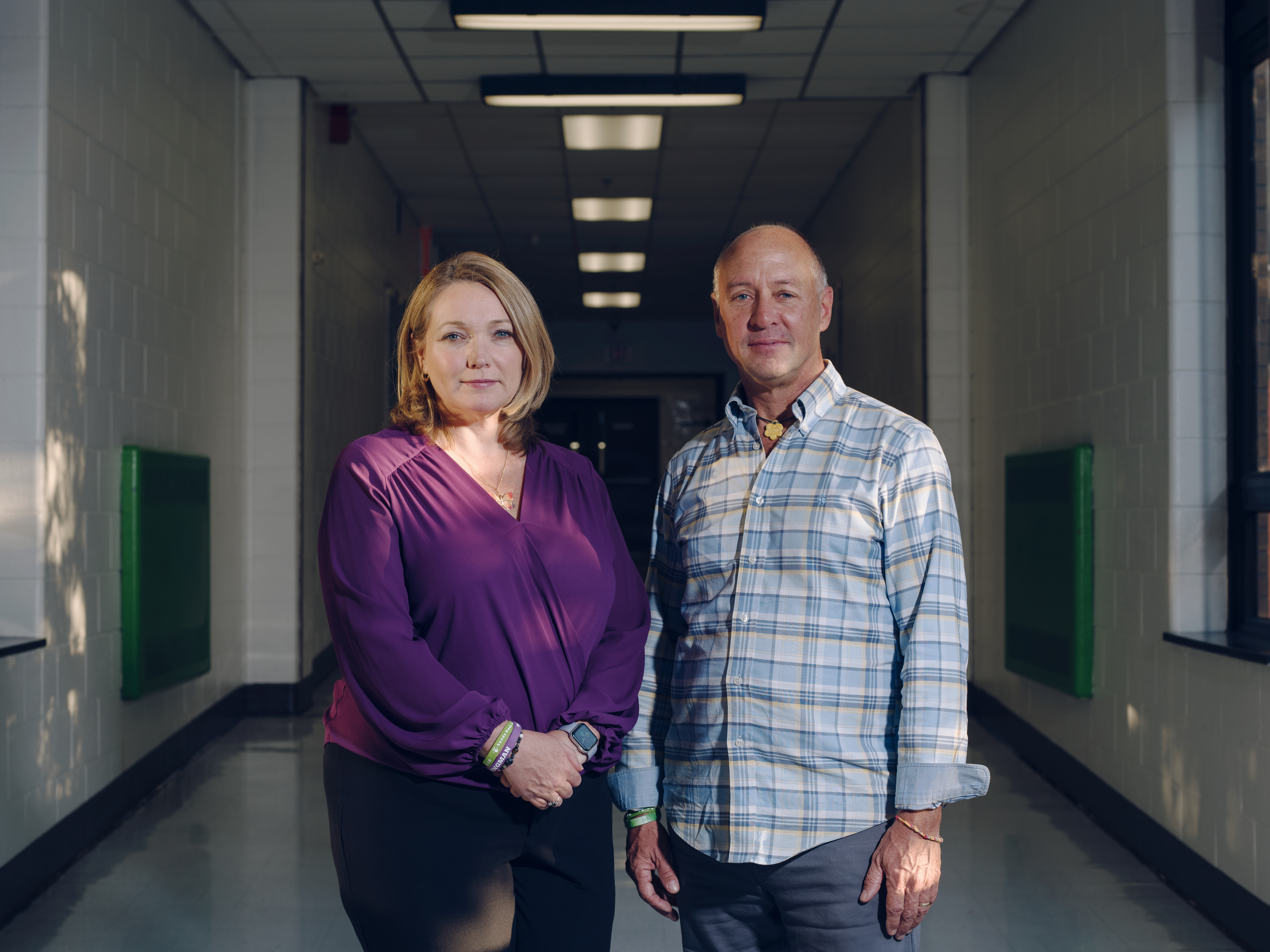 DANBURY, CT - September 15, 2022: The founders of Sandy Hook Promise, a 501(c)3 created in the aftermath of the Sandy Hook Elementary school shooting, Nicole Hockley, left to right, and Mark Barden pose for a portrait at Broadview Middle School on September 15, 2022 in Danbury, CT. Hockley and Barden, parents of children lost in the school shooting that killed 20 children and six adults in 2013, founded Sandy Hook Promise to prevent future acts of gun violence through violence prevention such as the “Say Something” curriculum which teaches children to take threats seriously and report alarming social media messages. The 501(c)3, which began in a rented space over a nail salon in Newtown, CT, now gives almost $15 million a year, second only to Everytown for Gun Safety’s $27 million.

CREDIT: Bryan Thomas for The Chronicle

2022_09.15_CHRONPHIL_LINDSAYOCTOBERSANDYHOOK