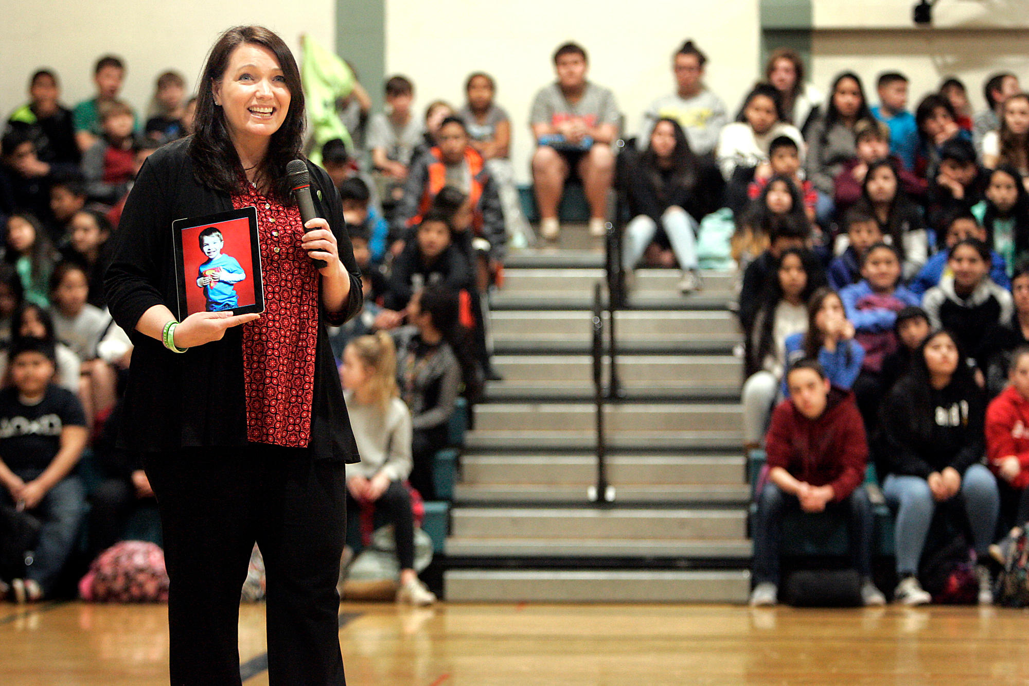 HTNXNJ — Napa, CA, USA. 7th Mar, 2017. Nicole Hockley, founder and managing director of Sandy Hook Promise, shares a photograph of her son Dylan at a Harvest Magnet Middle School assembly on Tuesday afternoon. She presented the Leadership Class at Harvest Magnet Middle School with a $1,000 check for their efforts during Say Something Week. Dylan was killed in the Sandy Hook Elementary School shooting.