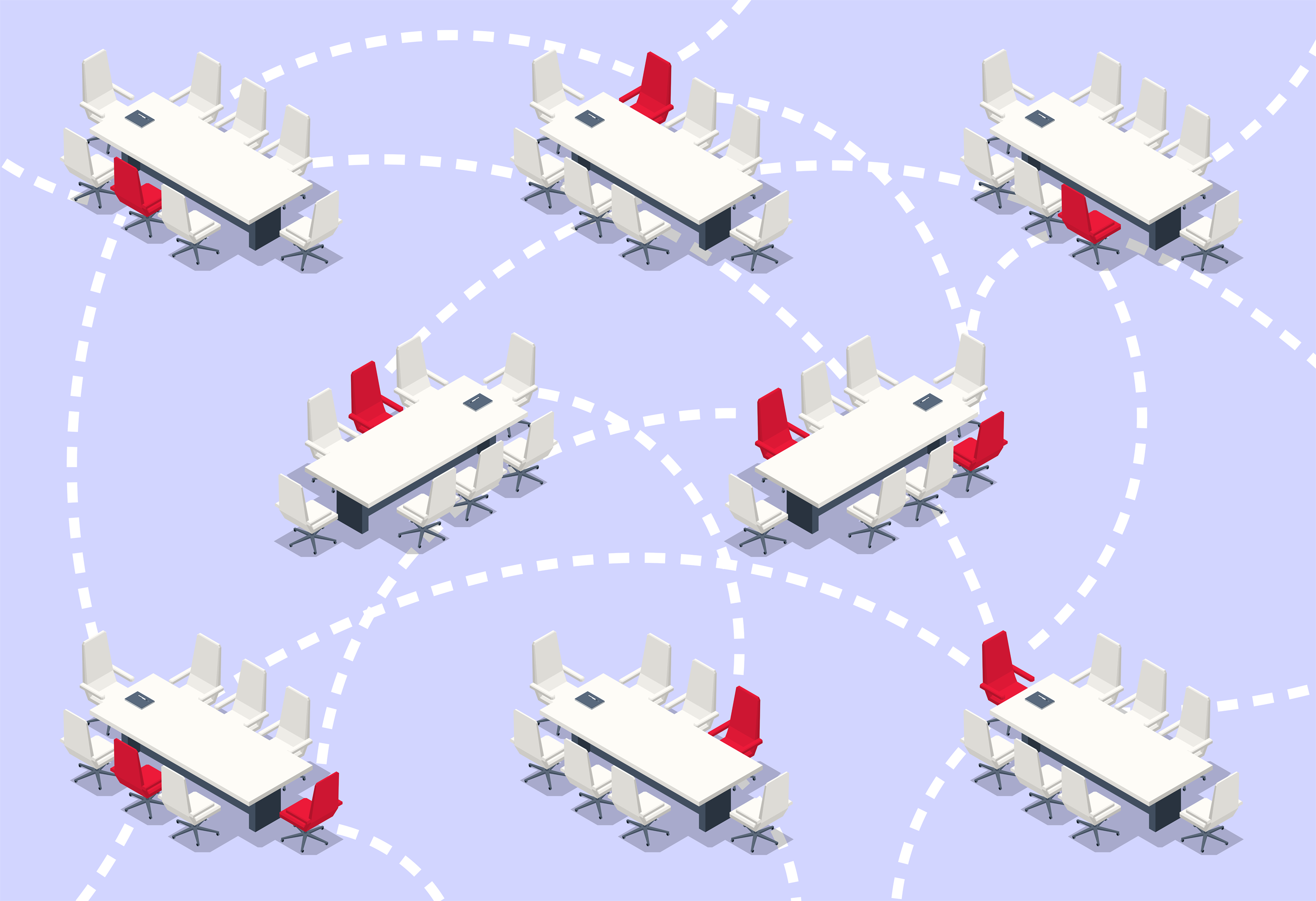 An illustration that shows 8 boardroom style tables connected by dotted lines to represent the links between nonprofit boards that share board members in common.