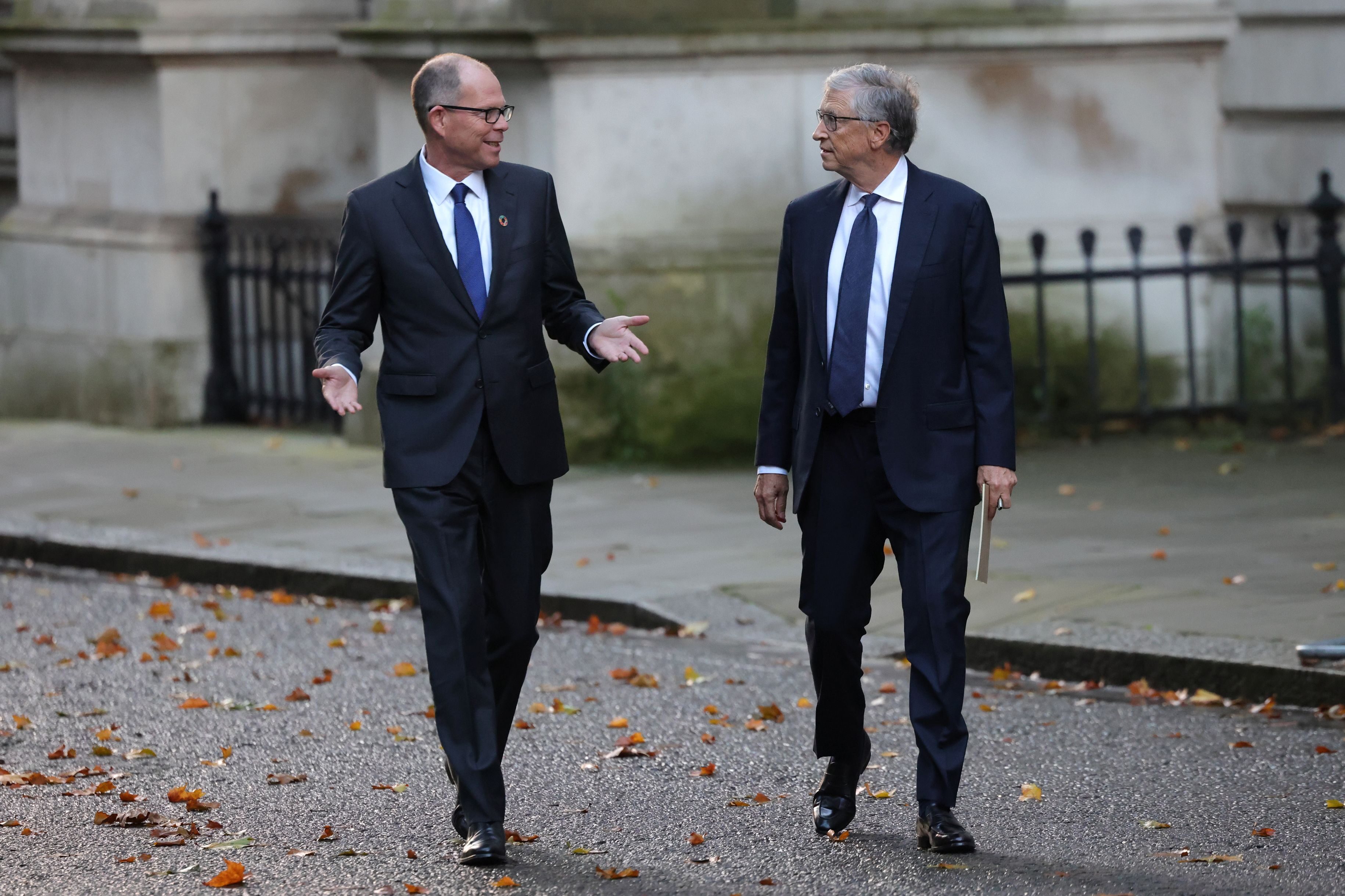 Bill Gates and Mark Suzman, chief executive officer of the Gates Foundation, leave from 10 Downing Street after a meeting with British Prime Minister Keir Starmer in 2024.