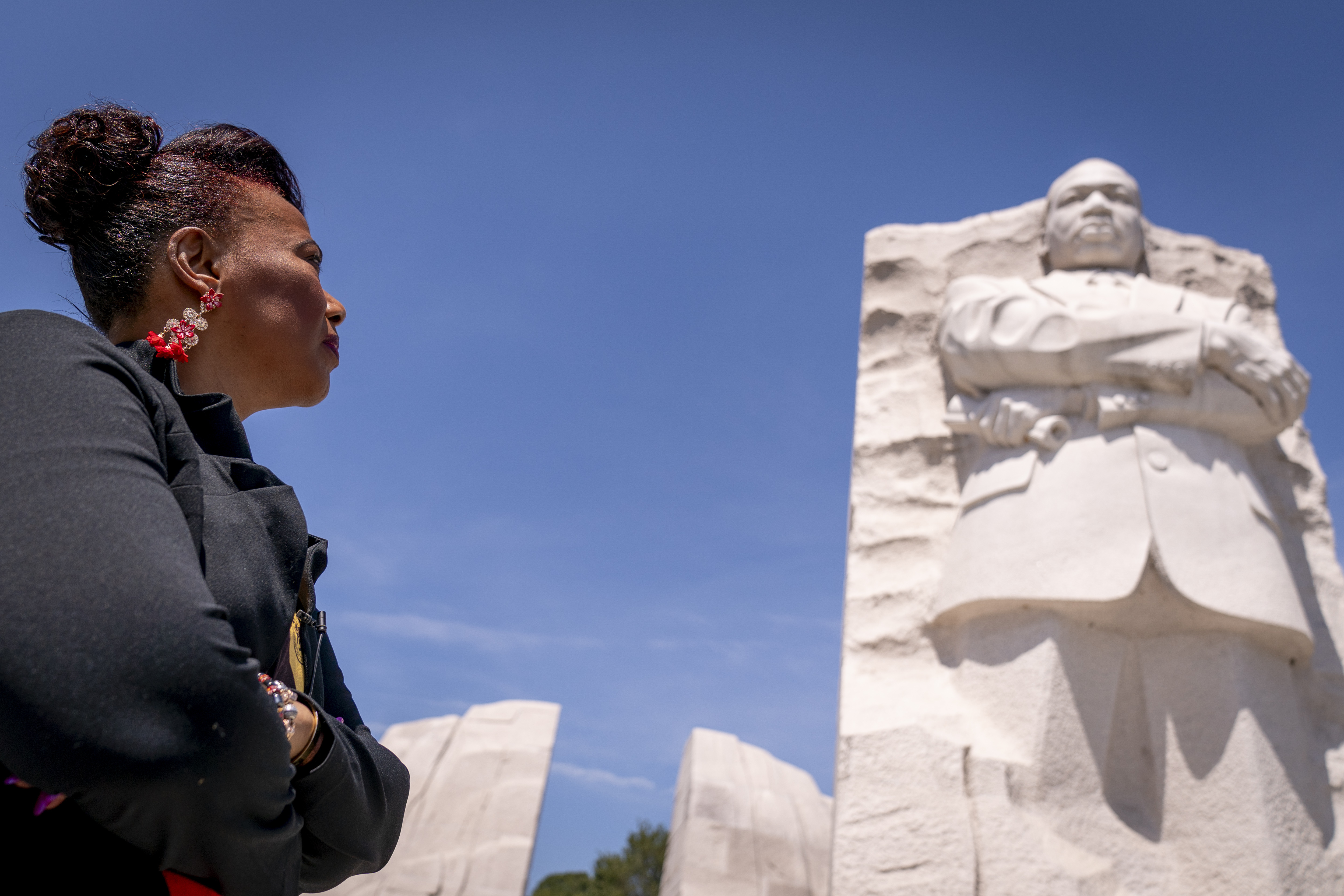 Bernice King, the daughter of Martin Luther King, Jr., looks up at his memorial in Washington, D.C. on Aug. 25, 2023, 60 years after the March on Washington.