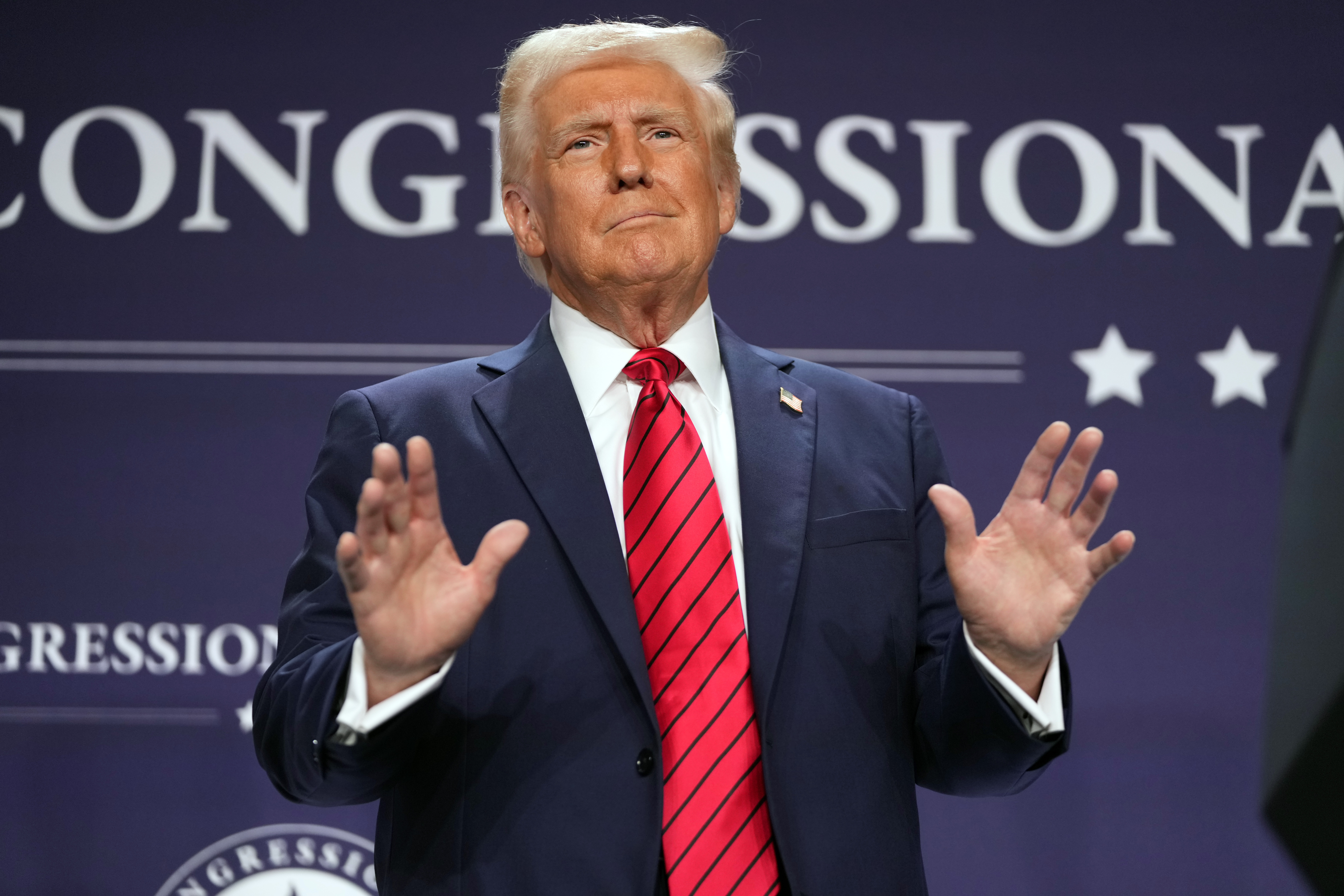President Donald Trump arrives to speak at the 2025 House Republican Members Conference Dinner at Trump National Doral Miami in Doral, Fla., Monday, Jan. 27, 2025. (AP Photo/Mark Schiefelbein)