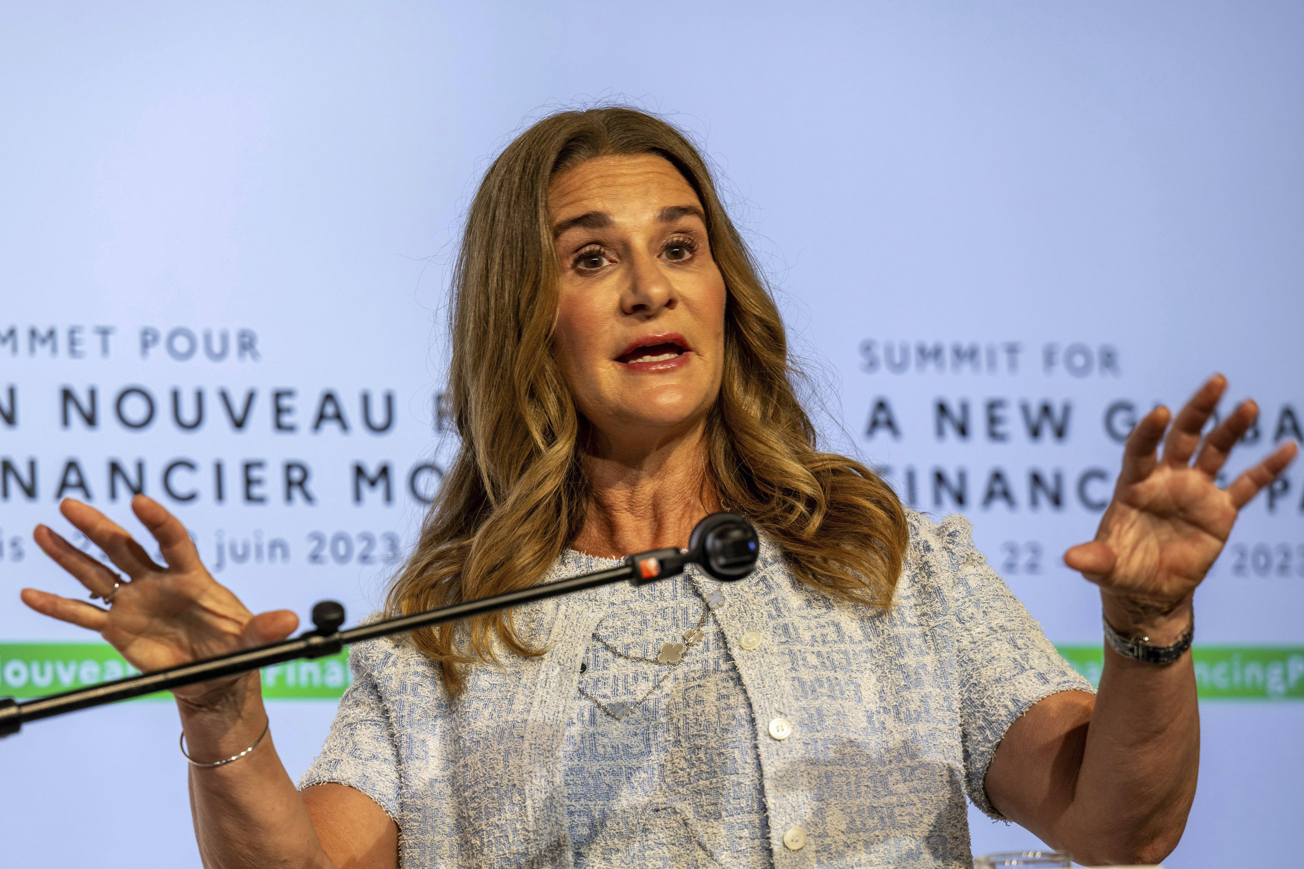American philanthropist Melinda Gates (or Melinda French Gates) talks in one of the sessions, as part of âNew Global Financing Pactâ summit, at Palais Brognart, in Paris, France, on June 22, 2023. 