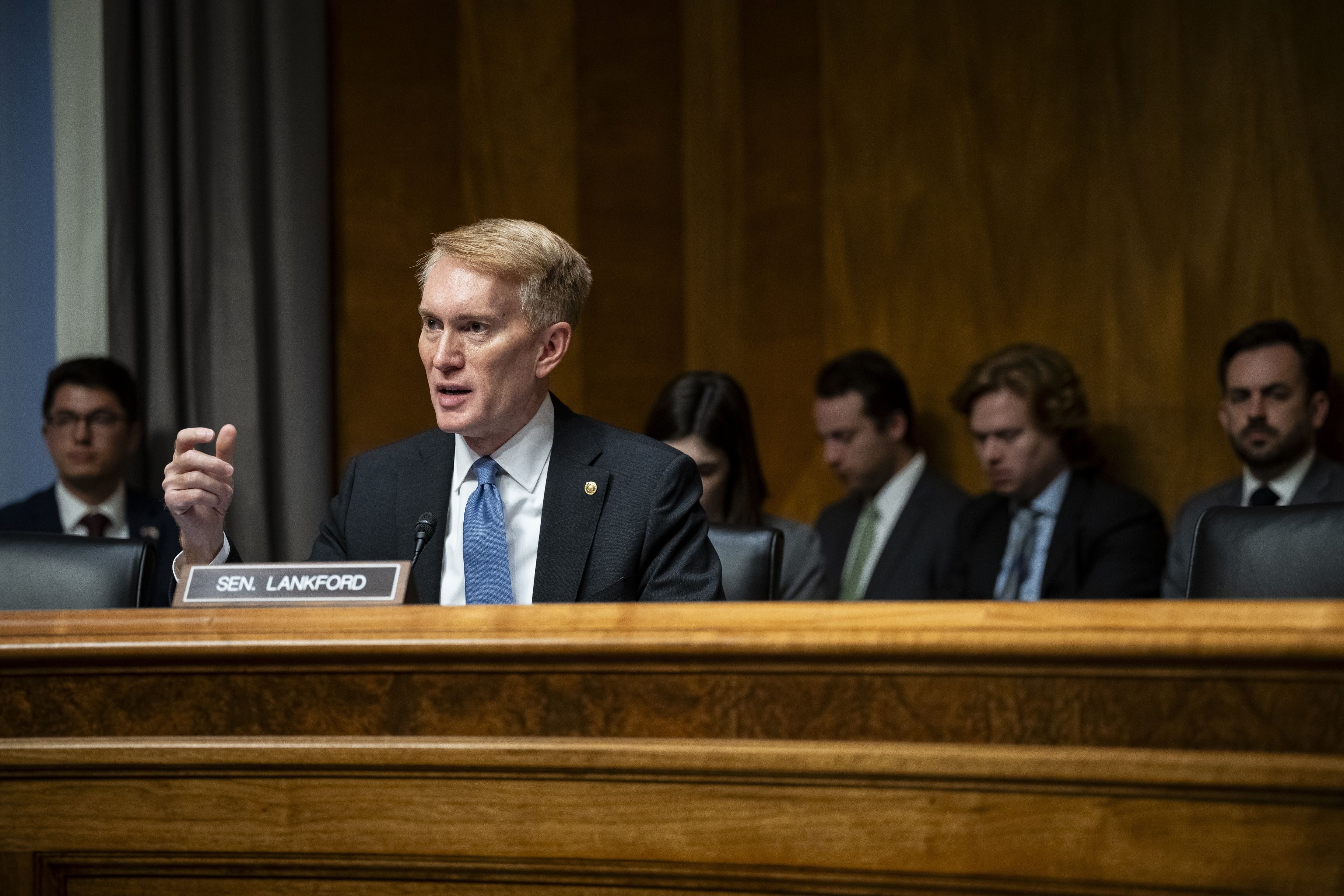 Senator James Lankford (R-OK) during a Senate Homeland Security and Governmental Affairs Committee hearing on President Biden’s 2025 budget, at the U.S. Capitol, in Washington, D.C., on Thursday, April 18, 2024.