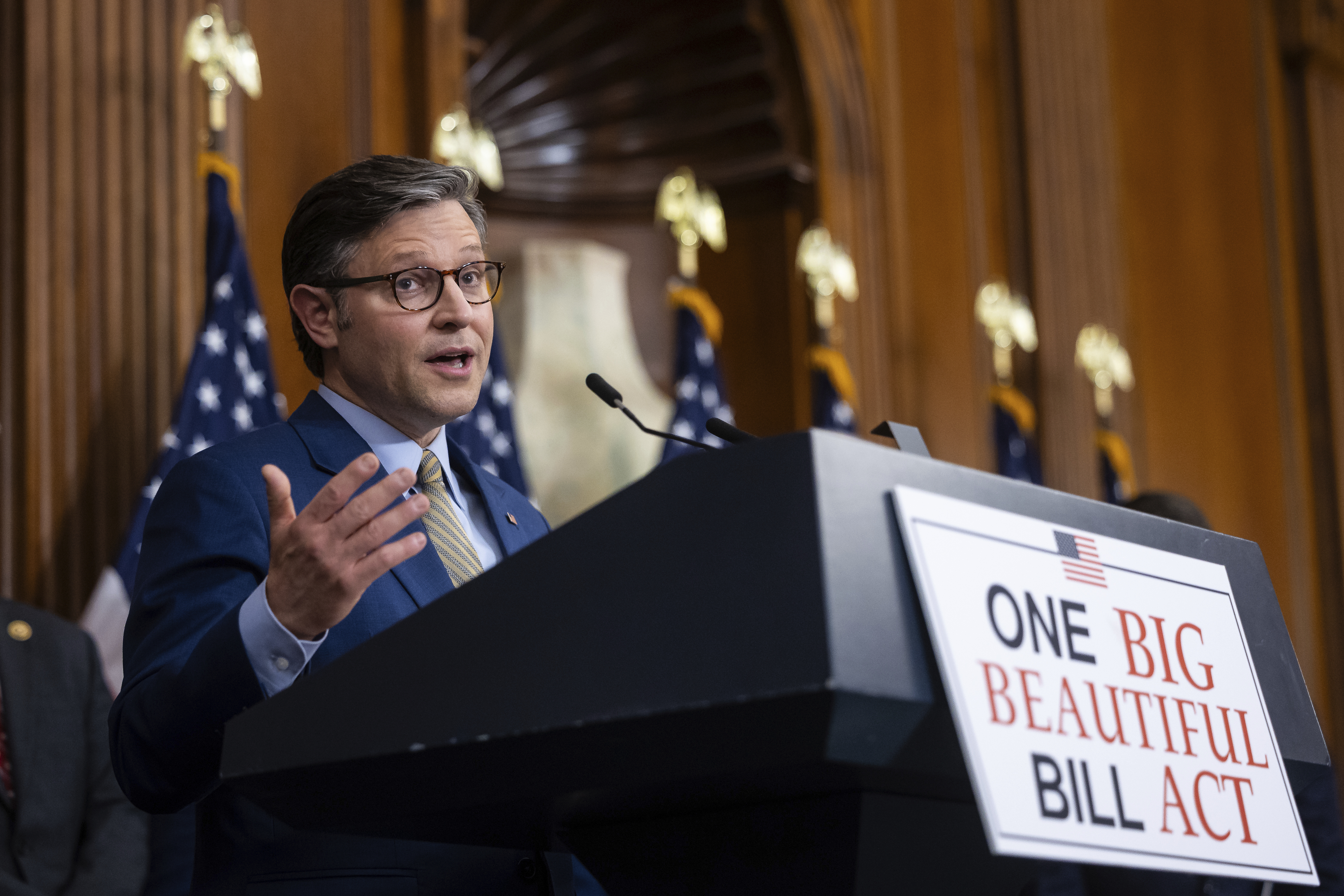 House Speaker Mike Johnson (R-La.) speaks during a press conference after the House passed budget reconciliation legislation at the U.S. Capitol on May 22, 2025.