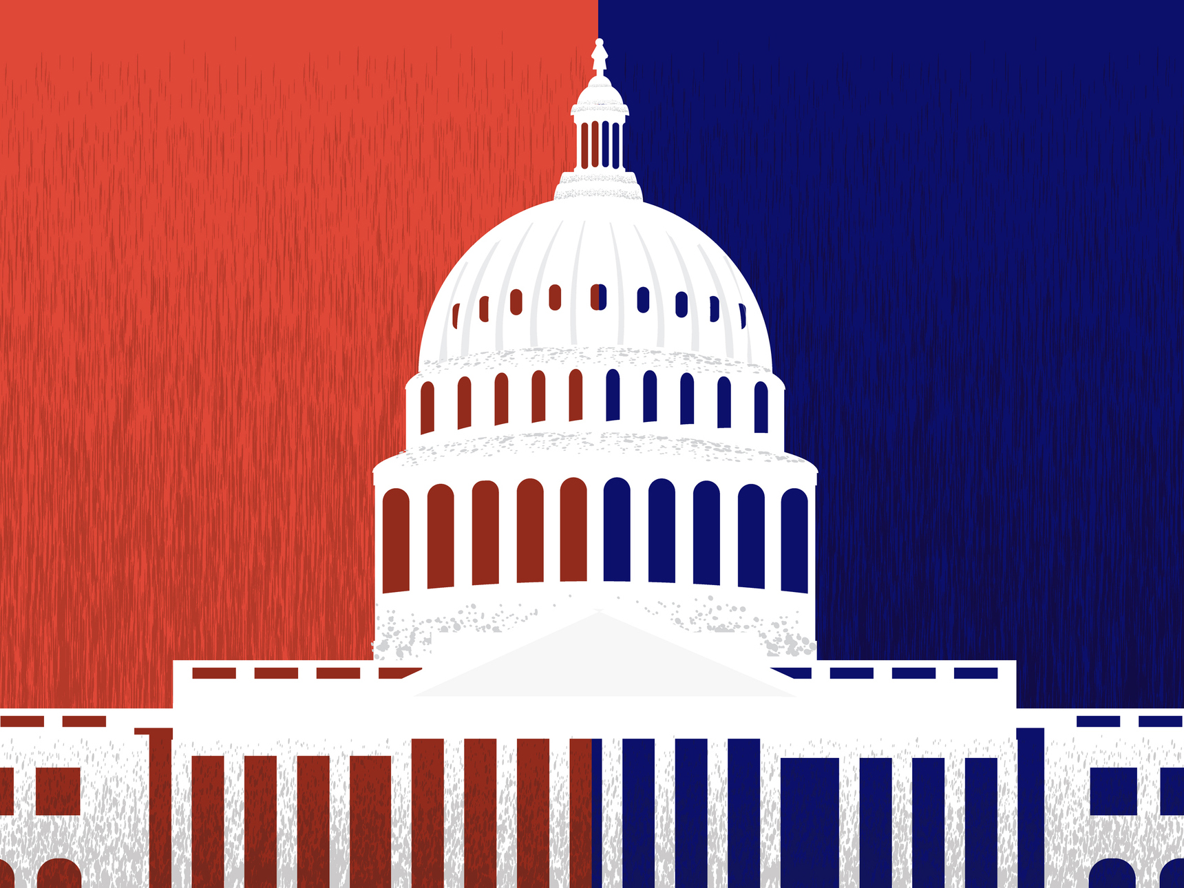 illustration of the US capitol building with red/blue background