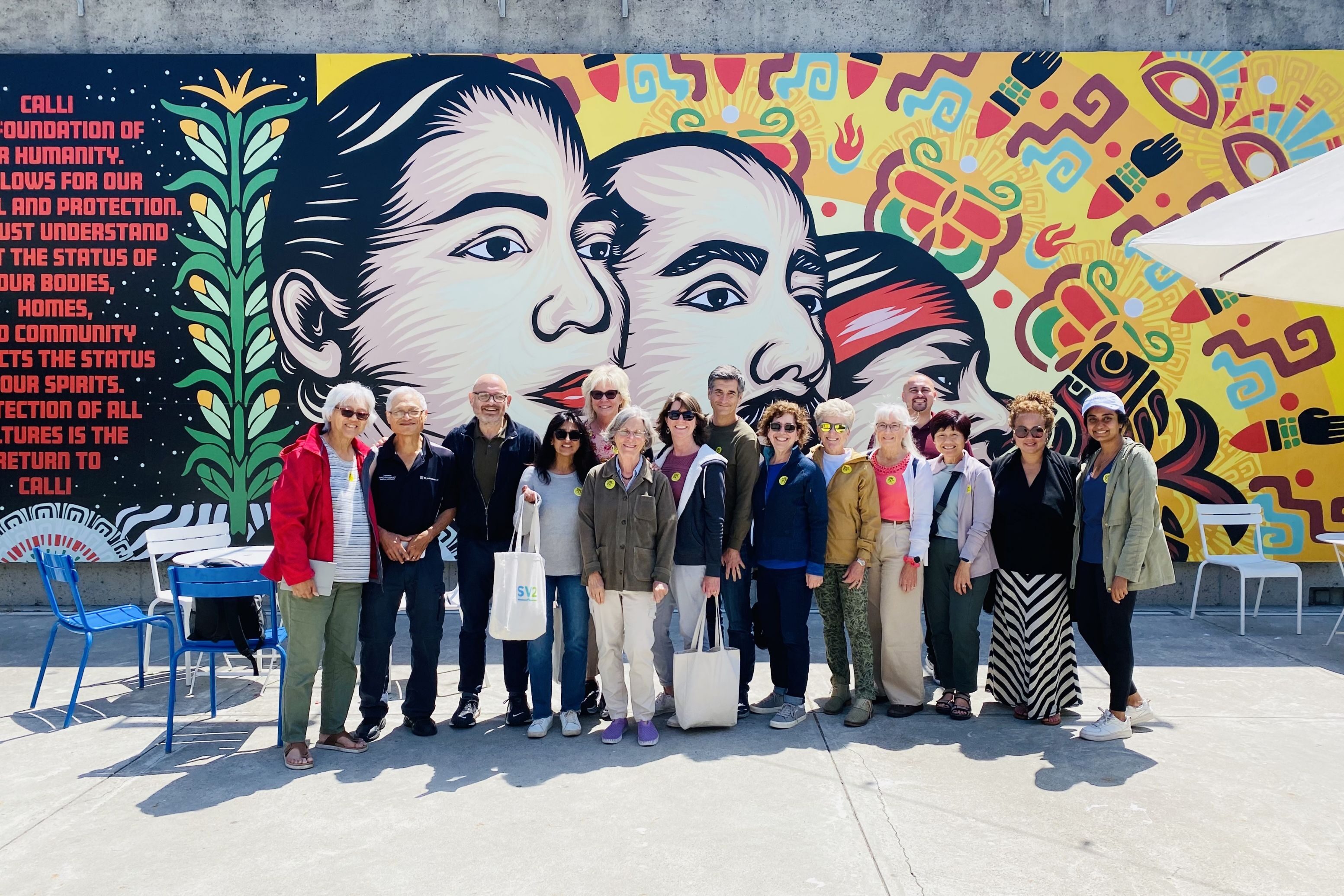 A stop at the Oakland Museum of California during SV2’s California Equity Journey trip, from left, Grace Mah (Board member), Don Chin (Donor Partner), Jim Basile (former Board Chair, current Donor Partner), Paru Desai (former Board member, current Donor Partner), Meg Bannick (Donor Partner), Nancy Grove (Donor Partner), Jody Chang (staff), David Onek (staff), Susan Hanson (Donor Partner), Kelly Pope (Board member), Kenna Fenton (Donor Partner), Jonathan Dena (staff), Kwok Lau (Board Chair), Mica Mayo (Donor Partner), Amy Badiani (staff). 