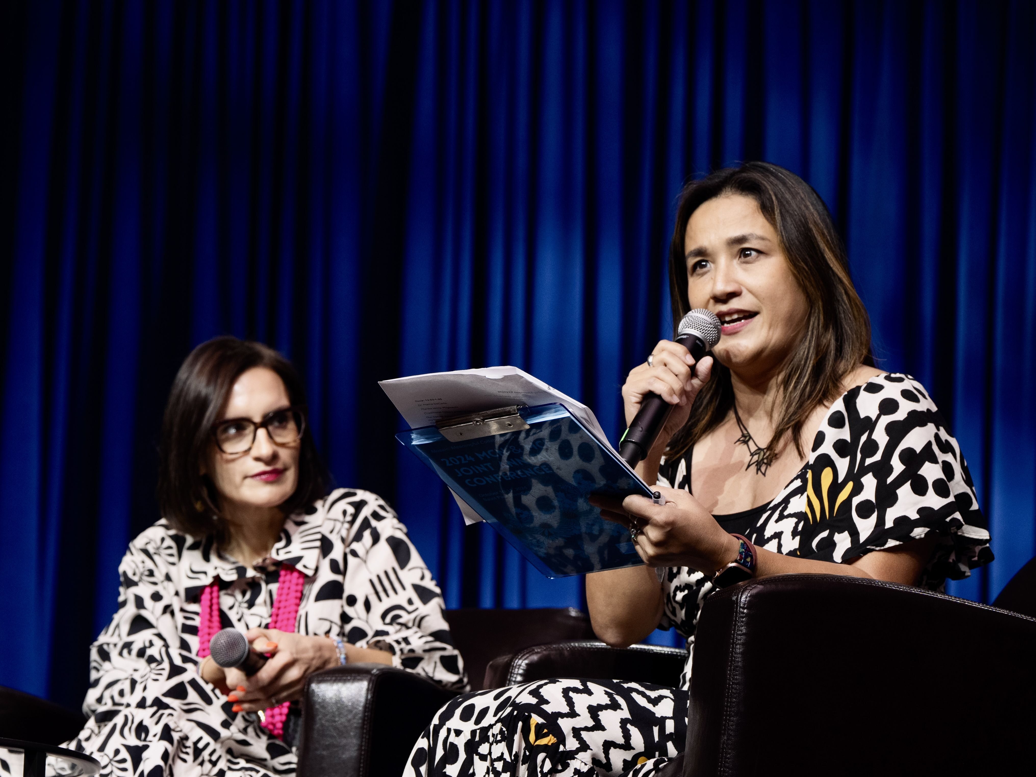 Nonoko Sato, executive director of the Minnesota Council of Nonprofits, speaks on stage during a panel with Minnesota Lt. Gov. Peggy Flanagan at the council’s annual conference in October 2024.
