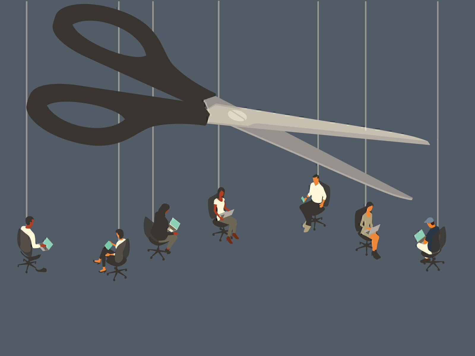 illustration of suspended workers hanging from strings as giant scissors cut them