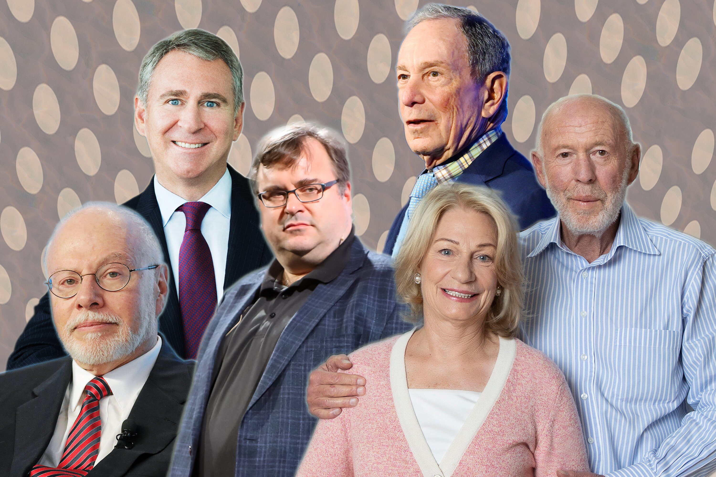 From left, Paul Singer, Ken Griffin, Reid Hoffman, Michael Bloomberg, and Marilyn and Jim Simons.