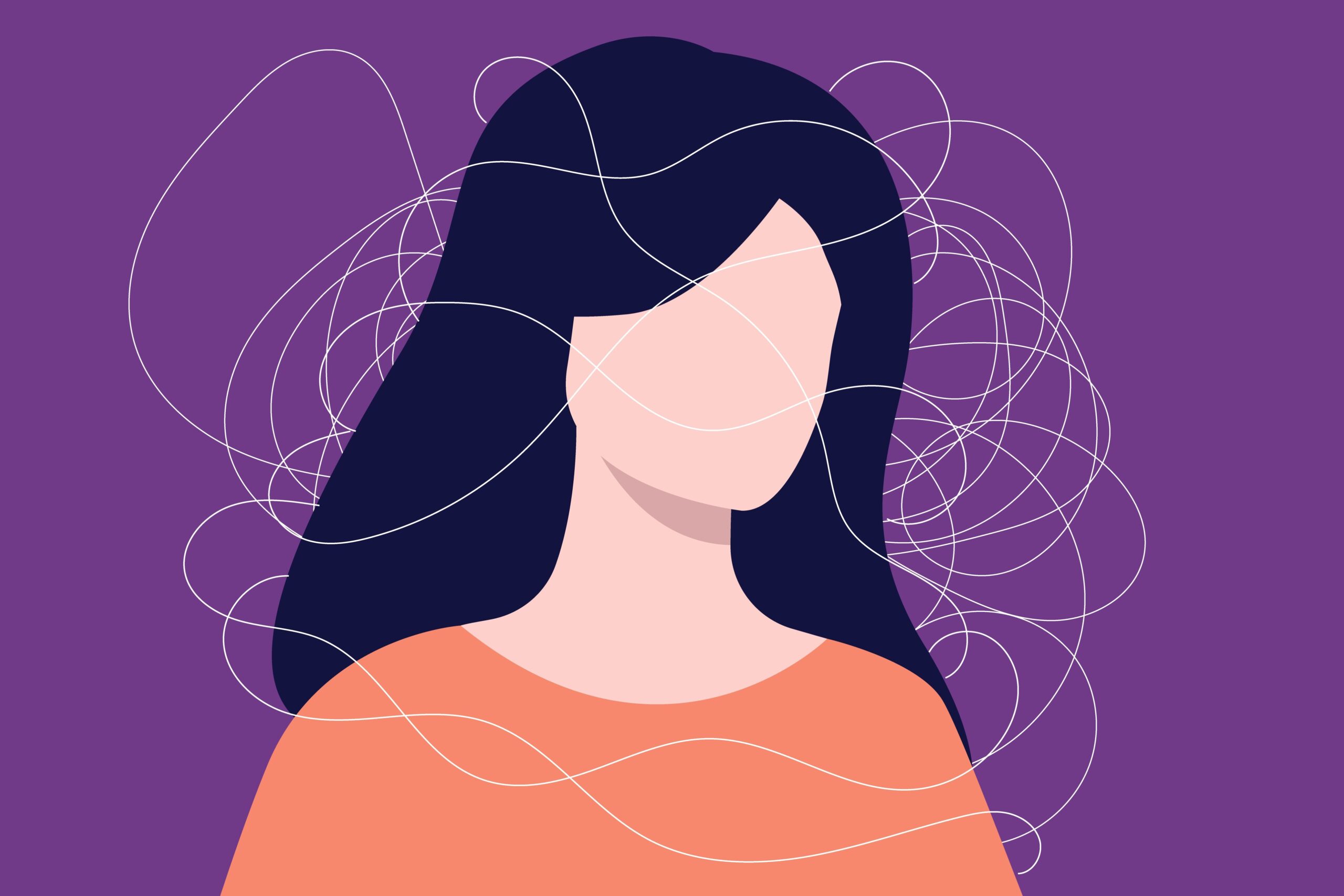 Female person with brain fog and mental health problems in flat design vector illustration