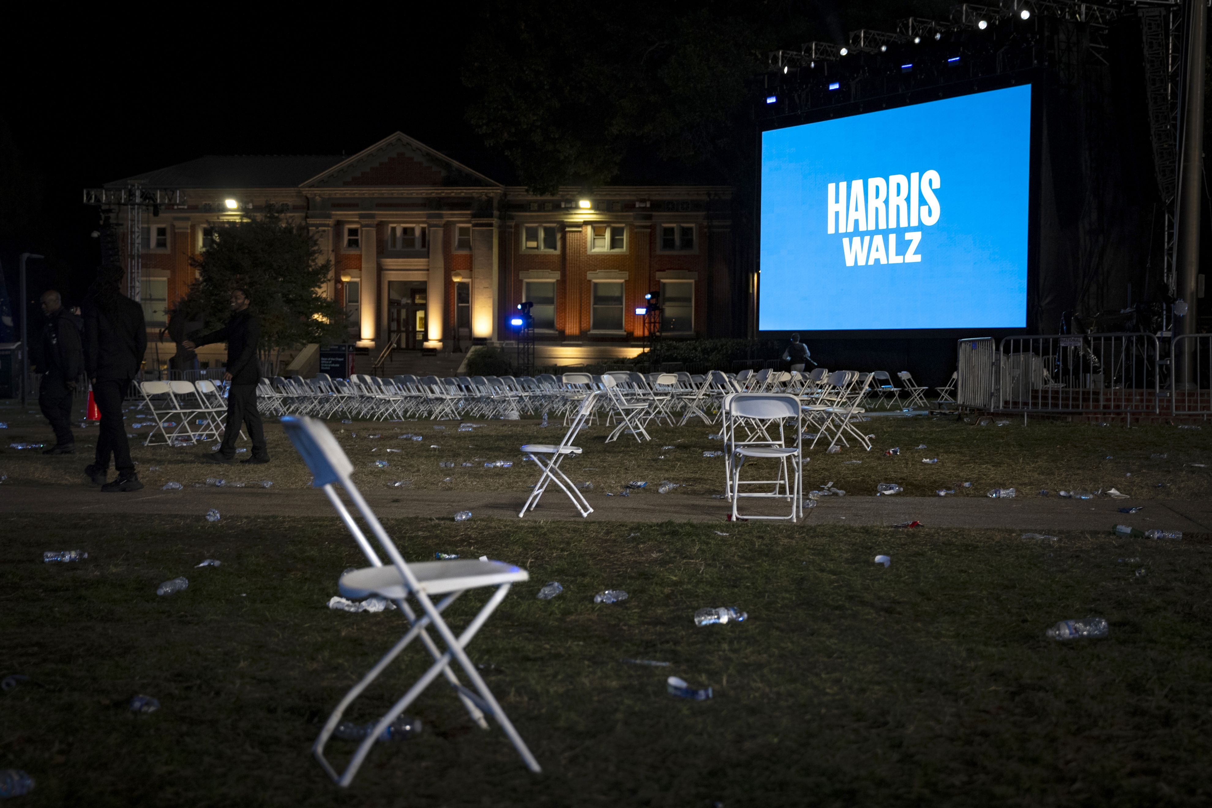 Chairs sit empty after Vice President Kamala Harris' election night watch party at Howard University in Washington on Nov. 6, 2024.