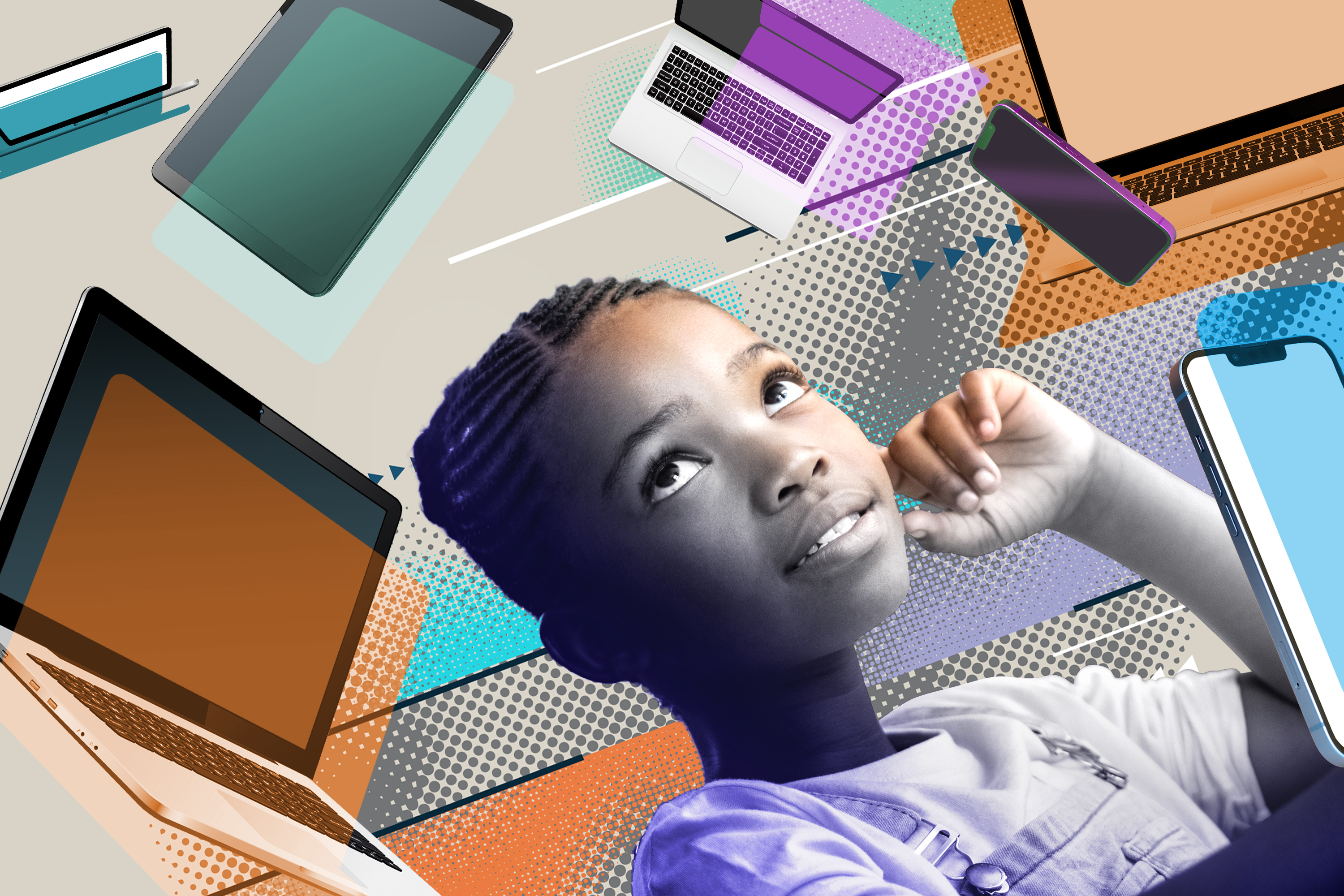 Photo illustration depicting an elementary-school age girl with colorful phones, tablets and computers swirling around her.