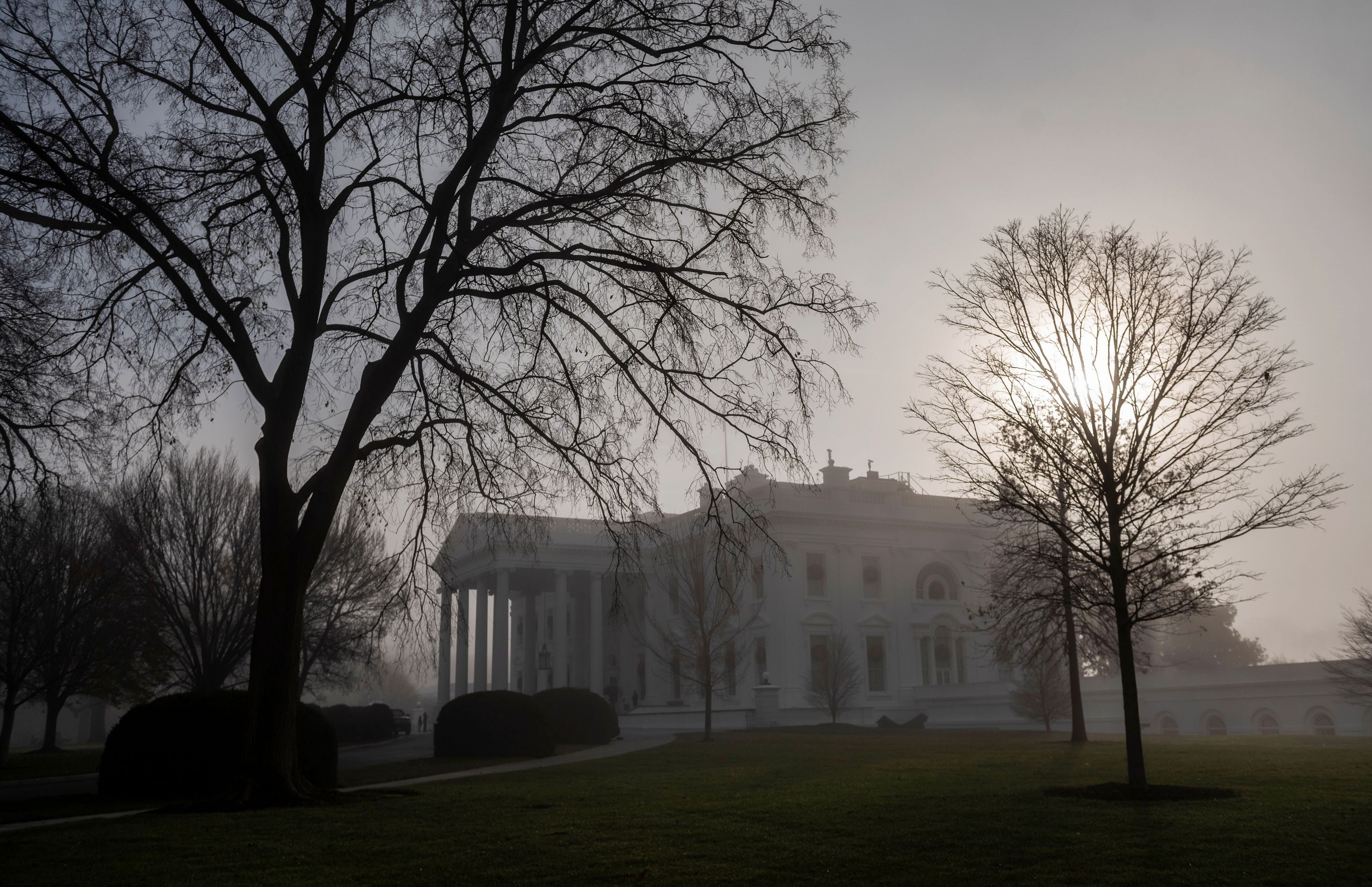 Fog surrounds the White House in Washington, DC.