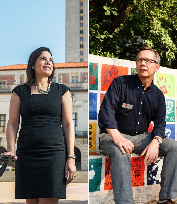 Left: University of Texas fundraiser Priscilla Lopez stands in front of the Main Building at the system's flagship Austin campus. Right: Greg Cole left a job with Habitat for Humanity's national office to become development director at Emmaus House, a small Atlanta charity.