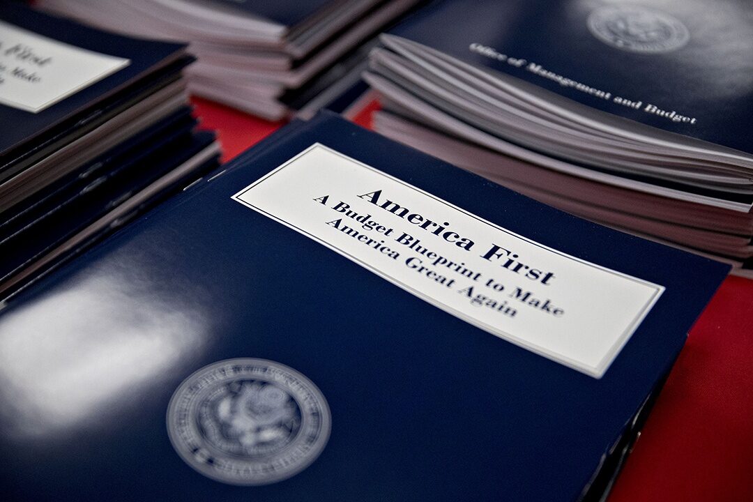 Copies of President Trump's fiscal 2018 budget request sit on display for sale at the Government Printing Office library in Washington, D.C.