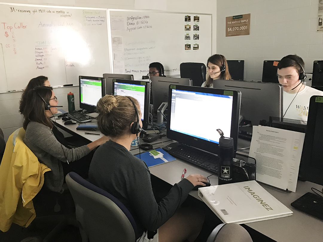 William & Mary students make calls on One Tribe One Day, the college’s biggest giving day of the year.
