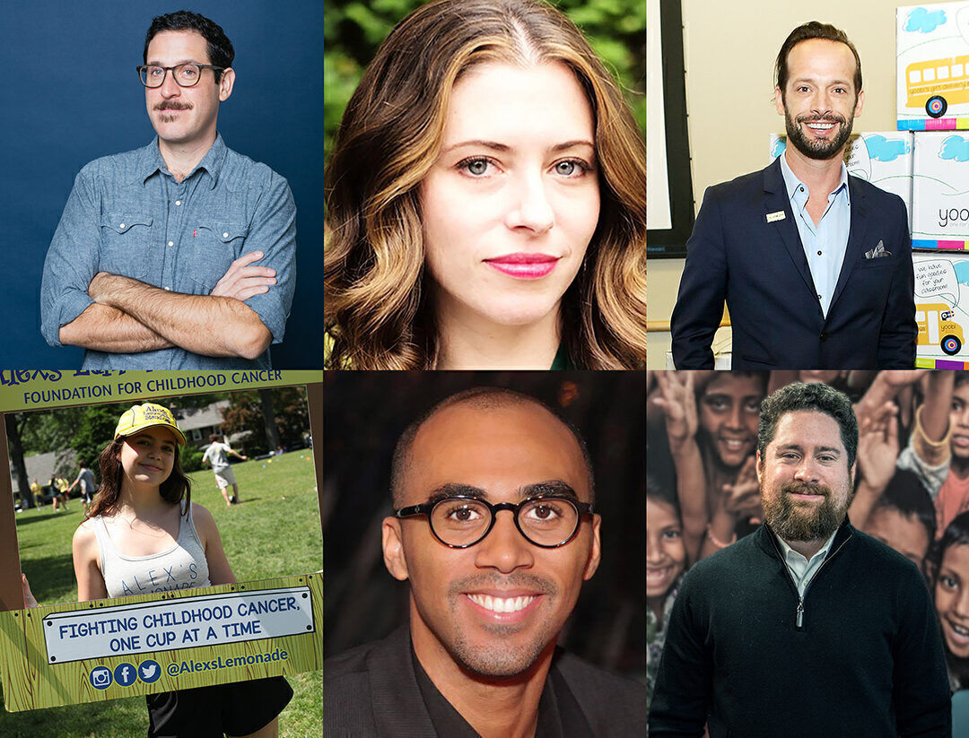Clockwise from top left: Joel Arquillos, Lauren Miller Rogen, Brian Gott, Matthew McHugh, Todd Hawkins, Bailee Madison. (Photo credits, clockwise from top left: 826LA, Chuck Zlotnick, Mike Windle/Getty Images for Yoobi, Ian Carr for Save the Children, Hawkins Mikita; Alex’s Lemonade Stand Foundation)