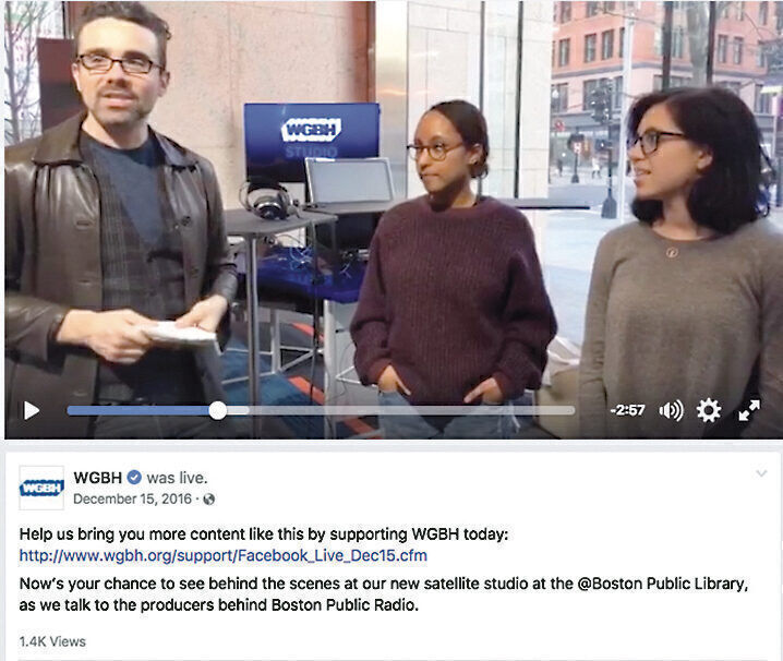 FUNDRAISING FEEDBACK: CrowdTangle data showed WGBH, a public broadcaster in Boston, that it needed to jazz up its Facebook Live appeals during its digital pledge day. For December’s event, the WGBH staff used Facebook Live to take viewers behind the scenes of signature shows like Antiques Roadshow and out to the Boston Public Library (above). Online gifts spiked by 190 percent compared with June’s pledge day. 