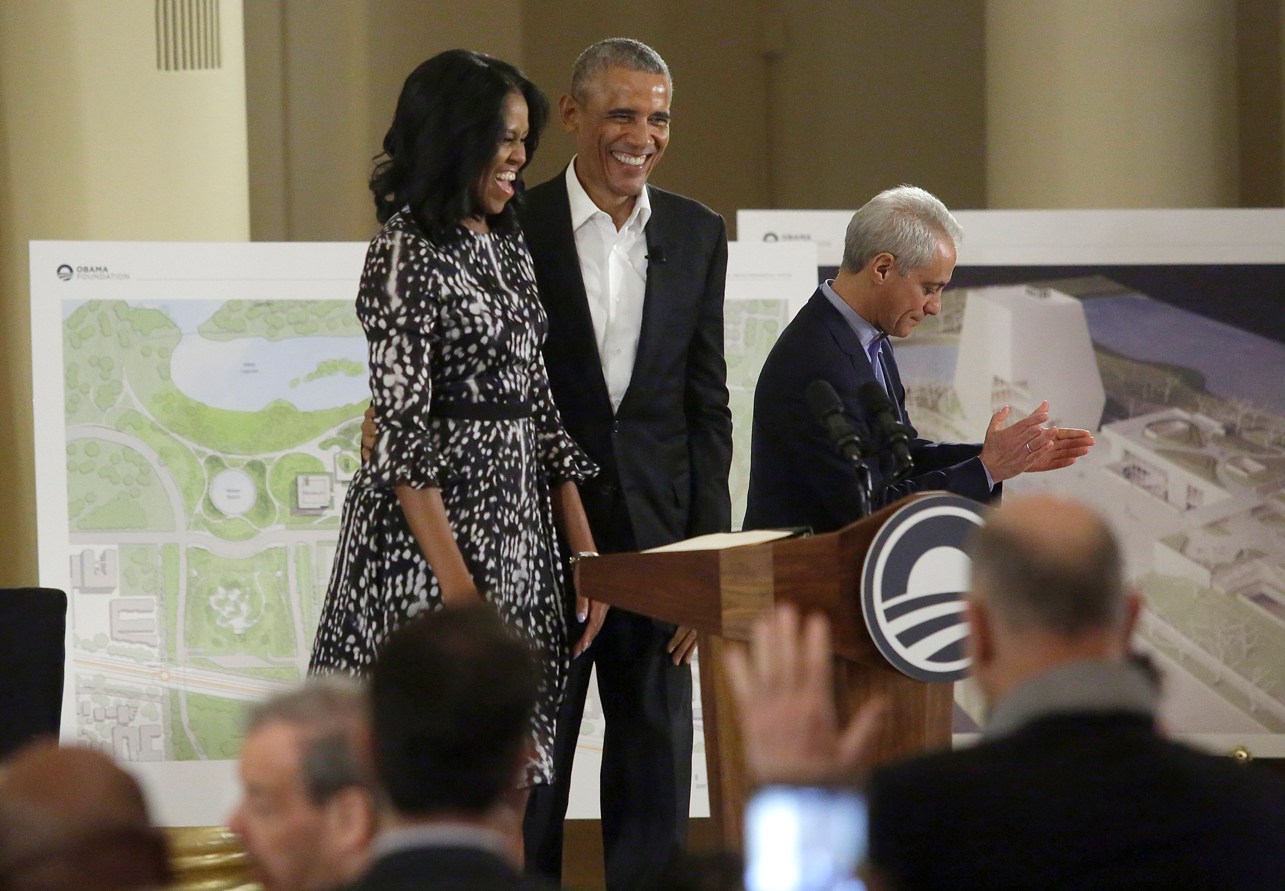 Michelle and Barack Obama join Chicago Mayor Rahm Emanuel to unveil the design for the Obama Presidential Center and announce a $2 million gift to employment programs for city youth.