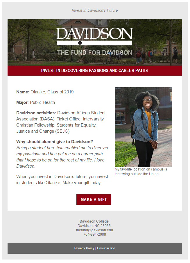 By pairing student callers with alumni who share their interests, Davidson College hopes to encourage natural conversations — and gifts. The approach helps keep the college’s alumni-participation rate around 60 percent each year, one of the best in higher education.