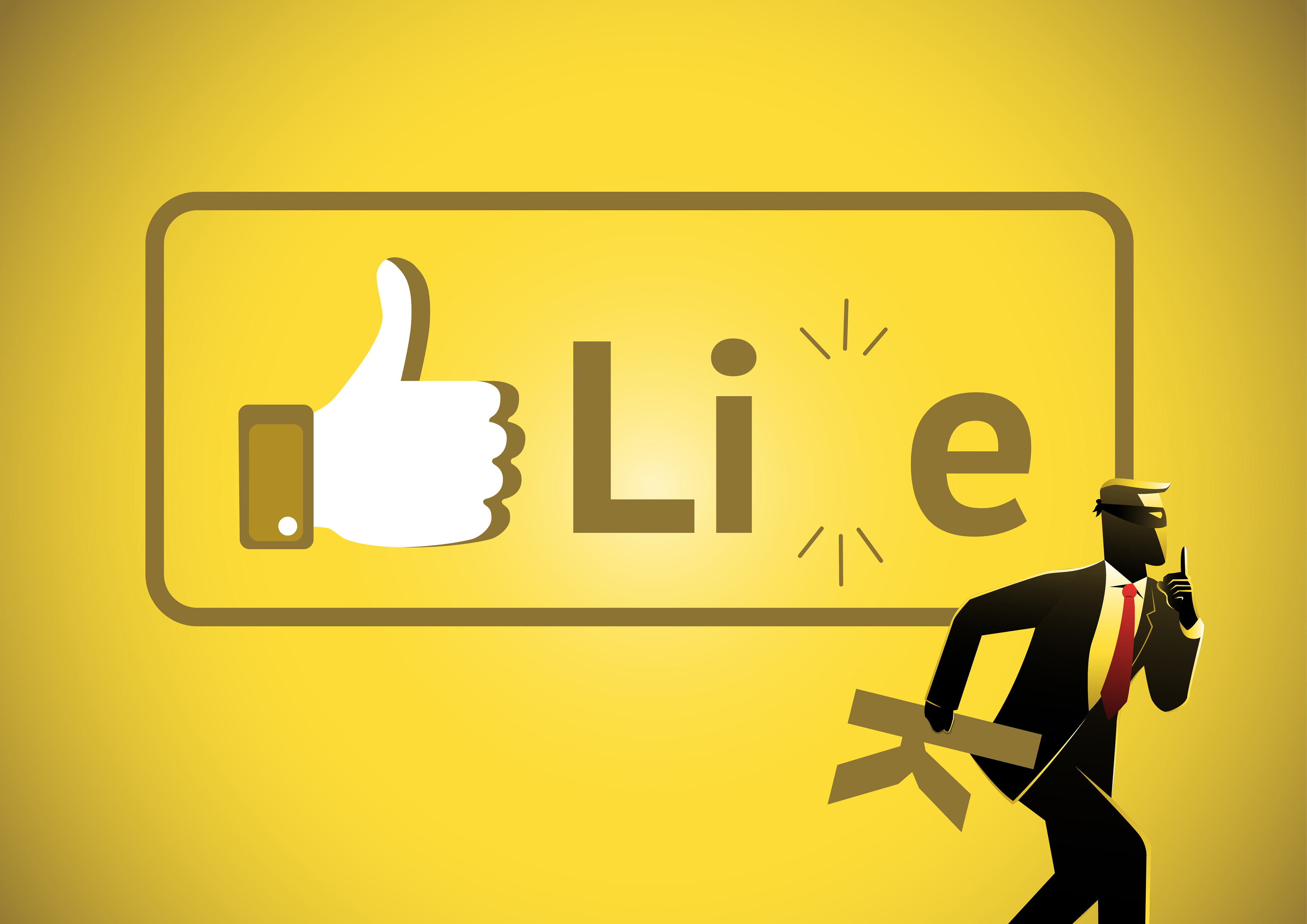 An illustration of a businessman gives fake news thumbs up to the lies. (Andry Djumantara, Getty Images)
