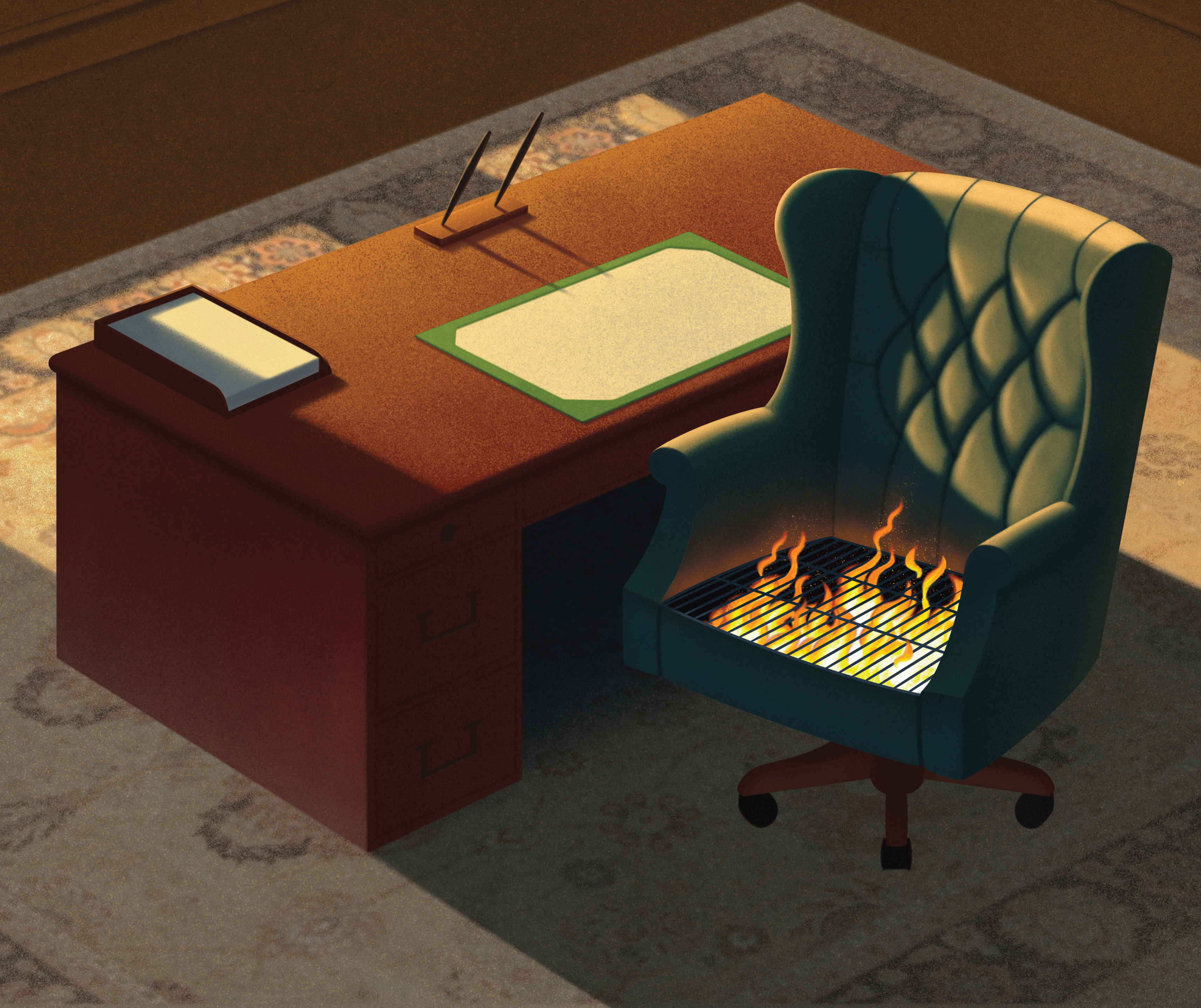 Illustration showing an empty executive's offive. The desk chair has a flaming grill for a seat.