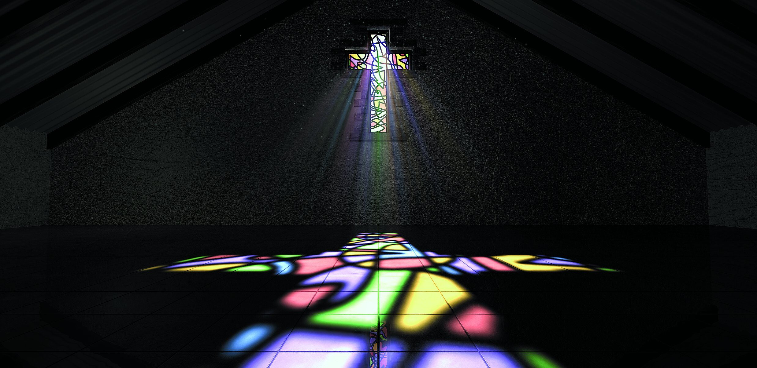 An interior building with a colorful stained glass window in the shape of a crucifix with a spotlight rays penetrating through it reflecting the image on the floor