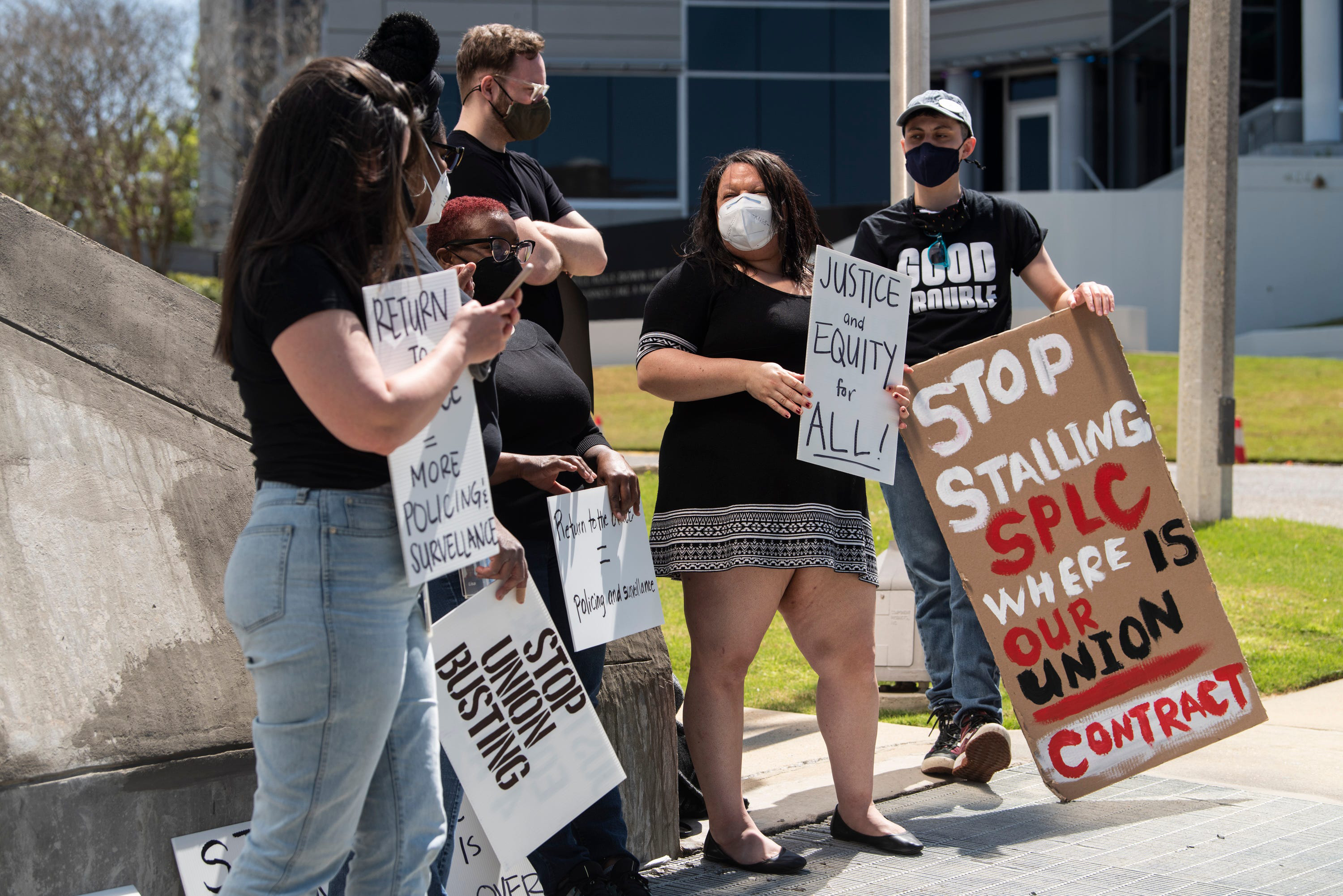 Members of the SPLC Union protest unfair working conditions outside the Souther Poverty Law Center headquarters in Montgomery, Ala., on Monday, March 28, 2022.