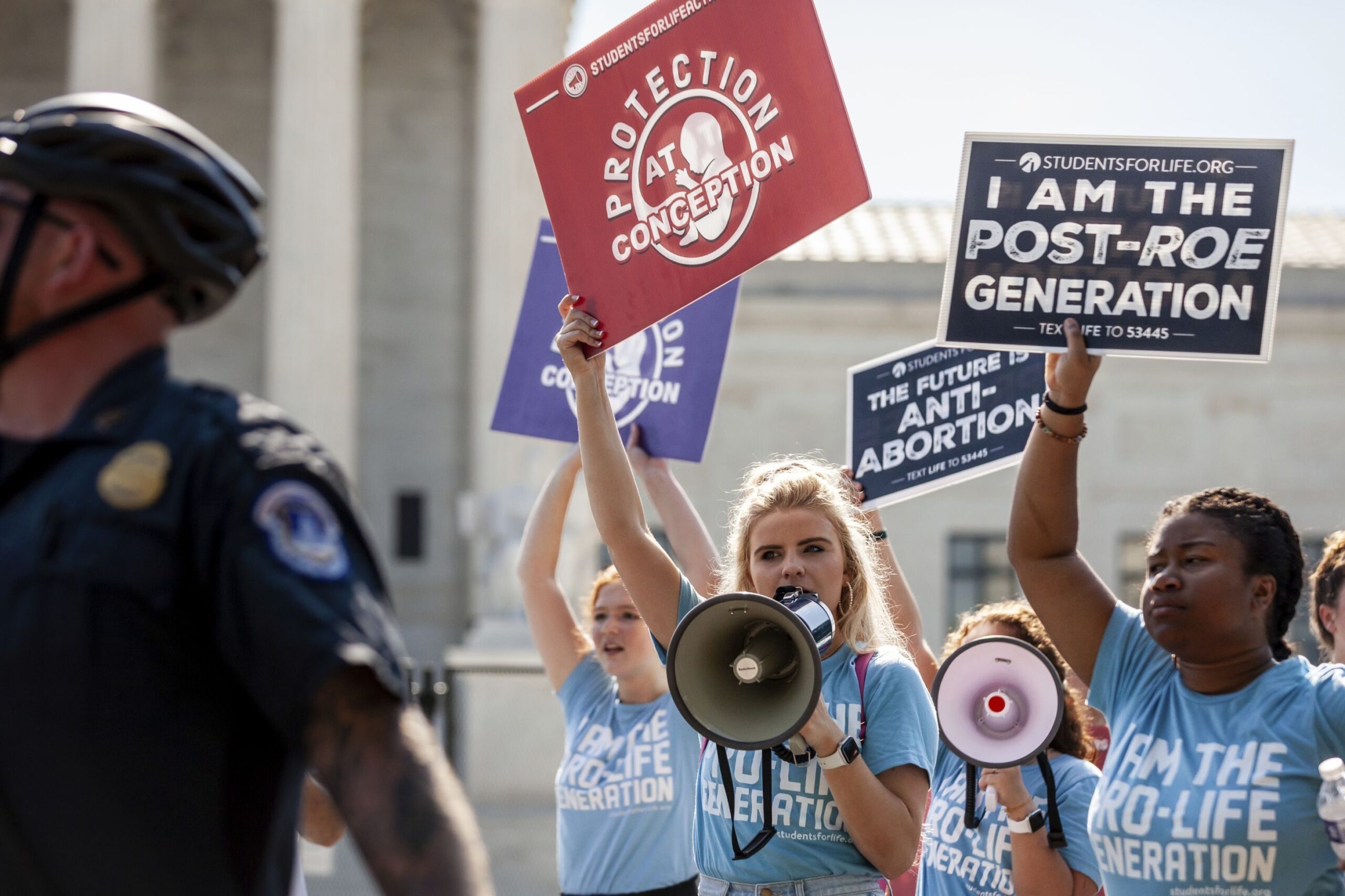Students for Life counter-protest during a demonstration against the leaked decision that would overturn Roe v. Wade. Overturning Roe would allow each state to enact its own reproductive laws, and roughly half are expected to ban or restrict the practice to some extent.