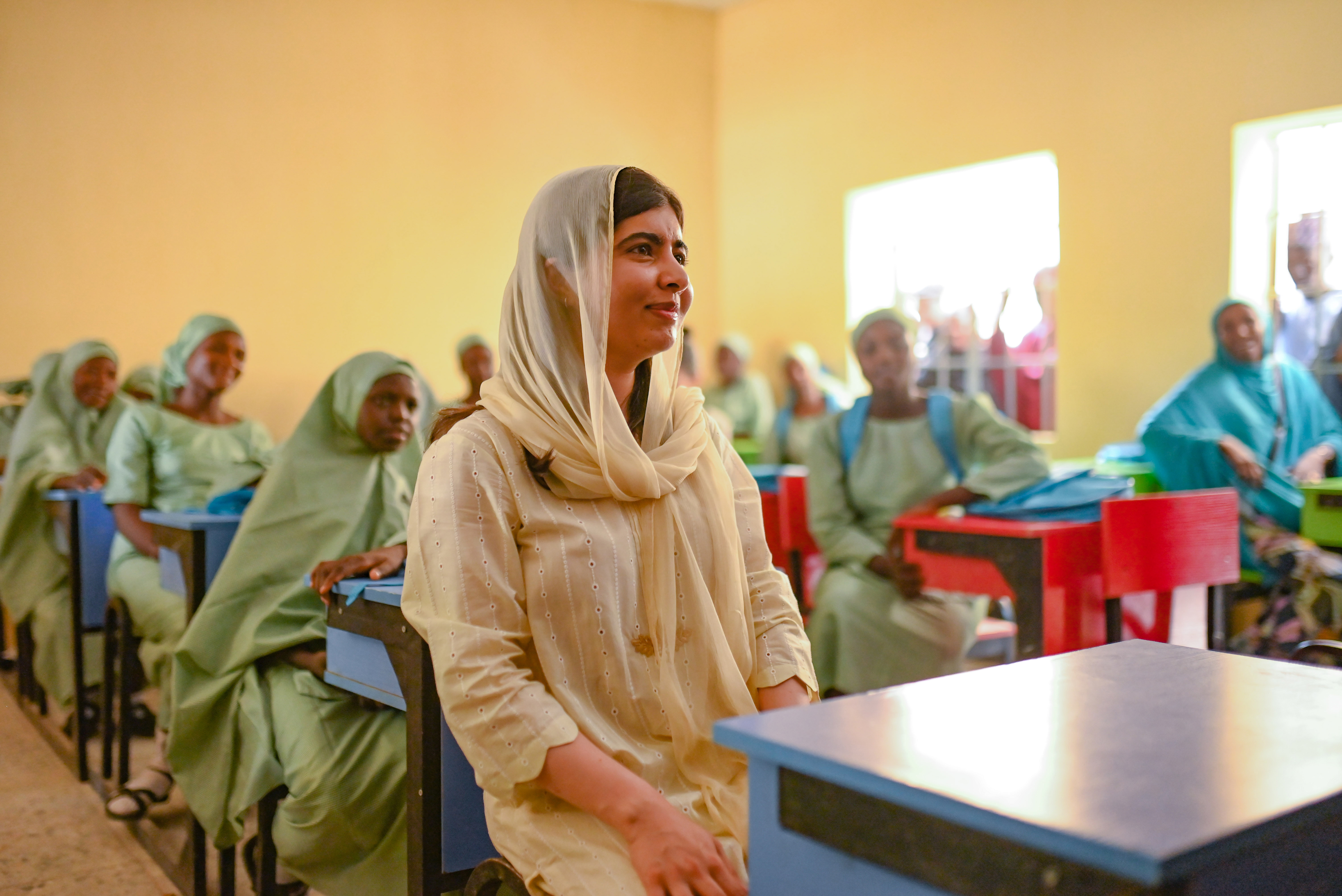 Malala  Yousafzai with the students of Yerwa Government  Girls Secondary School in Borno State, Nigeria. 11th July, 2023.
