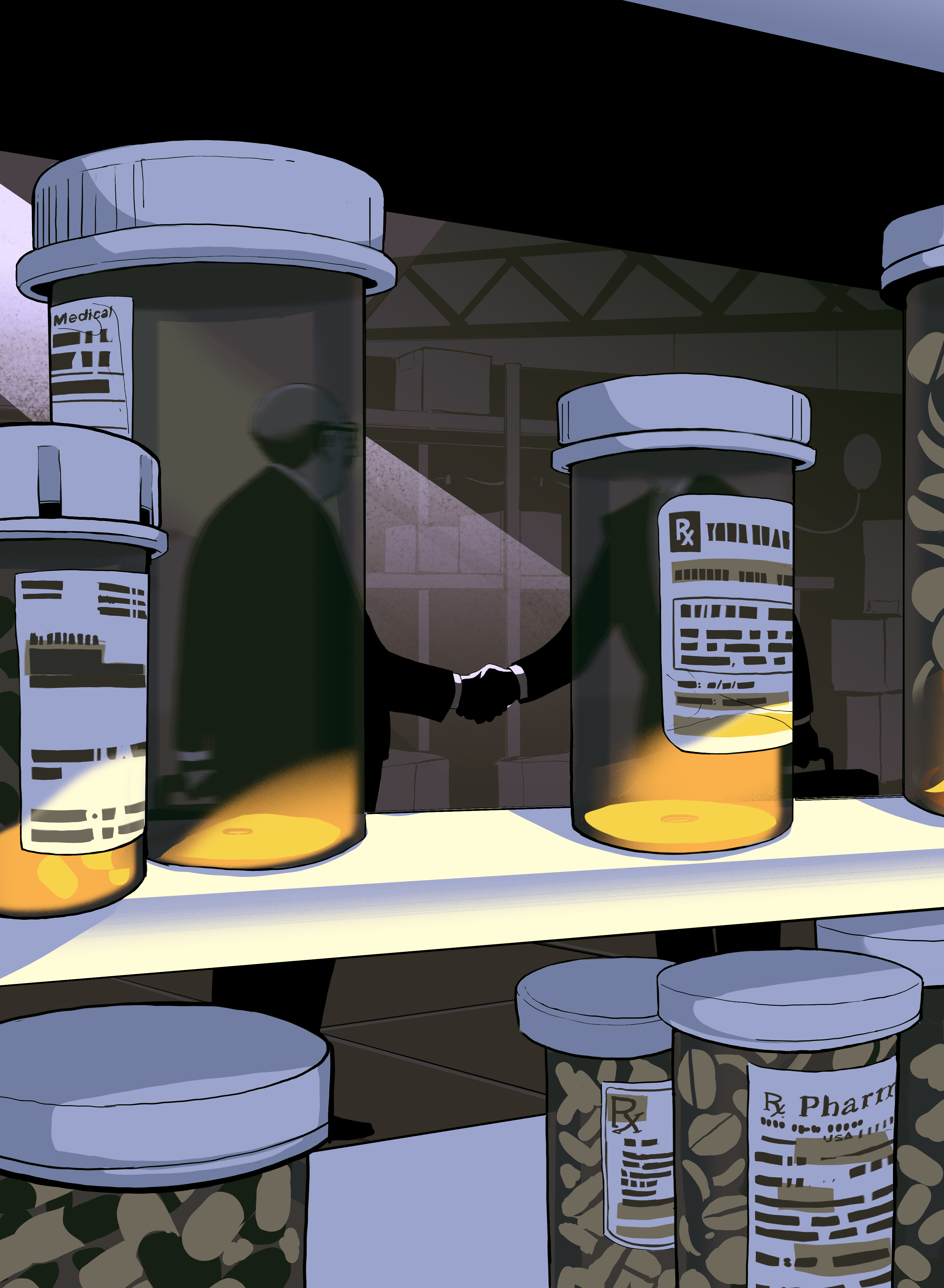 prescription bottles with shadowy figures shaking hands in background