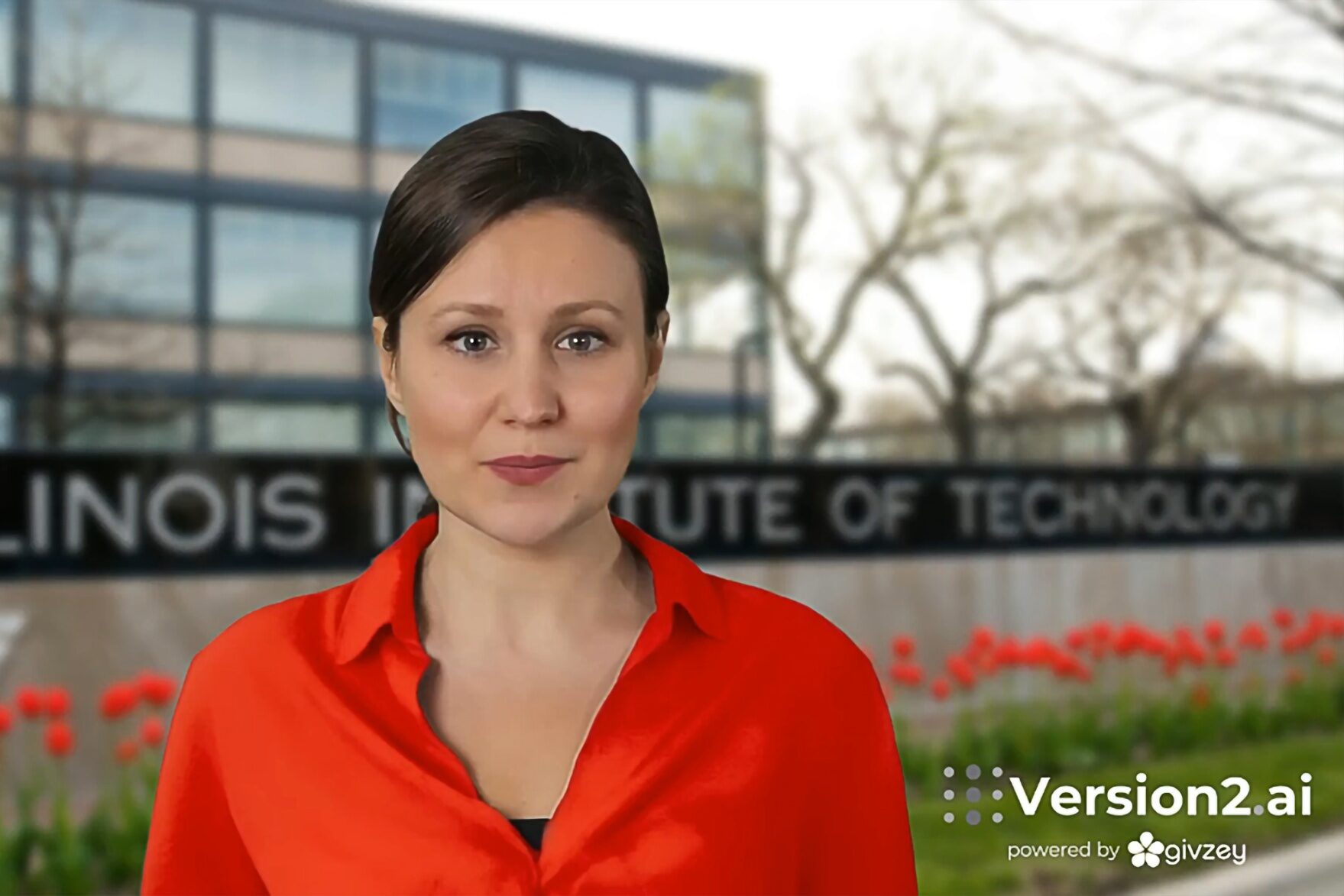 Scarlet, a virtual engagement officer developed by Givzey, appears on screen in a fundraising message from Illinois Institute of Technology in Chicago on Aug. 13, 2025. The AI-powered avatar engages prospective donors through personalized communication.